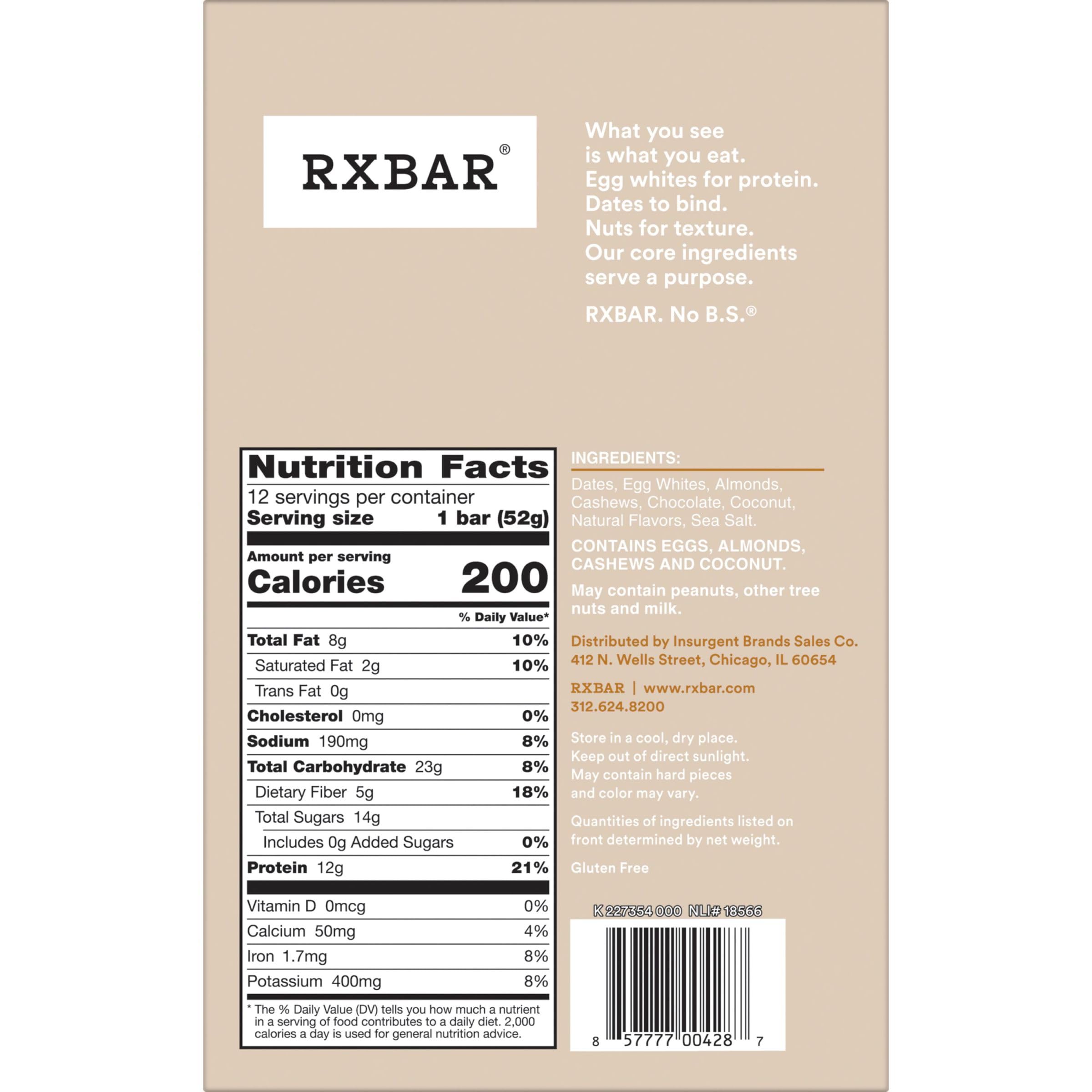 RXBAR Protein Bars - Coconut Chocolate Flavor, 22oz Box (12 Bars) | High Protein Snack for Workout Recovery, Healthy On-the-Go Breakfast & Travel Snacks