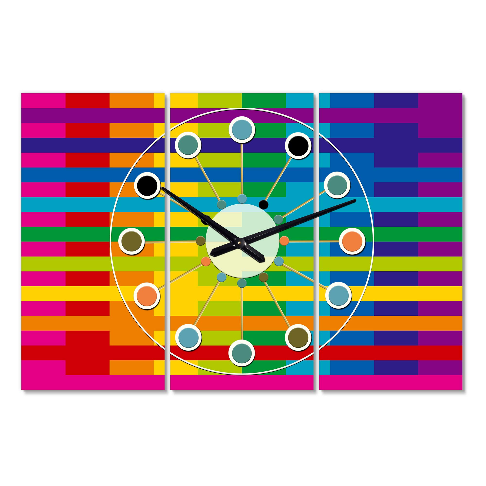 Designart 'Rainbow Colors Simple Geometric Pattern' Oversized Mid-Century Modern 3-Panel Wall Clock - Perfect for Living Room, Office & Contemporary Home Decor