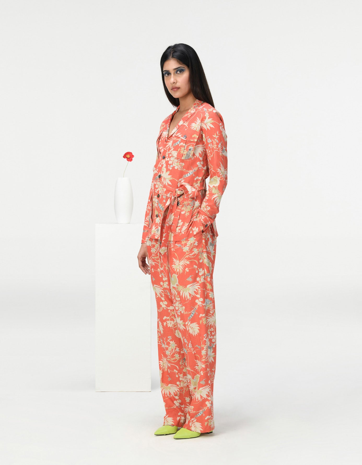 Single Pleated Trousers for Women - Cotton Silk Blend Checkered Coral Pants | Office Wear & Casual Outfits