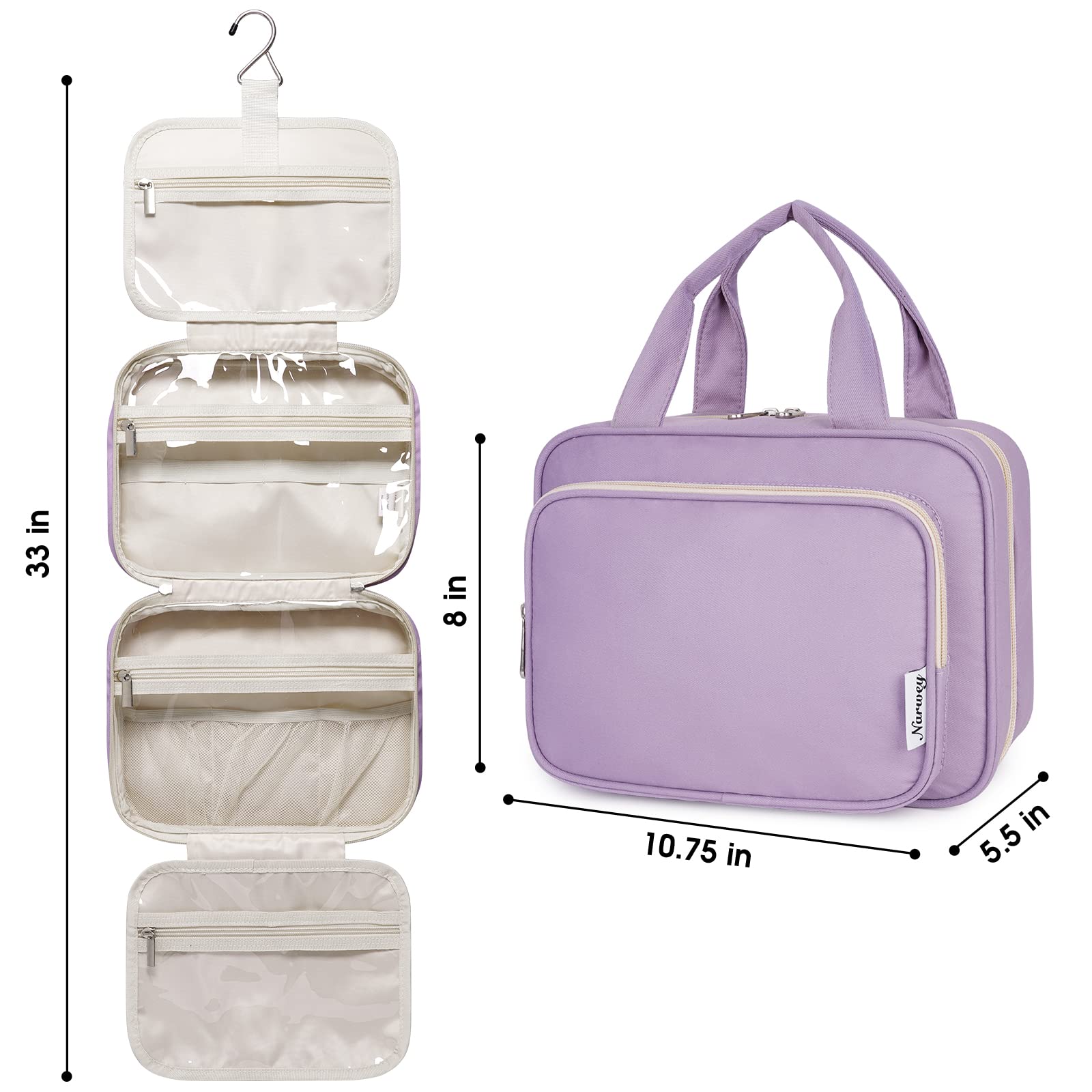 Narwey Hanging Toiletry Bag for Women - Travel Makeup Organizer with Multiple Pockets, Waterproof Cosmetic Bag for Toiletries & Travel Essentials (Medium, Purple) - Perfect for Vacation, Business Trips & Gym Use