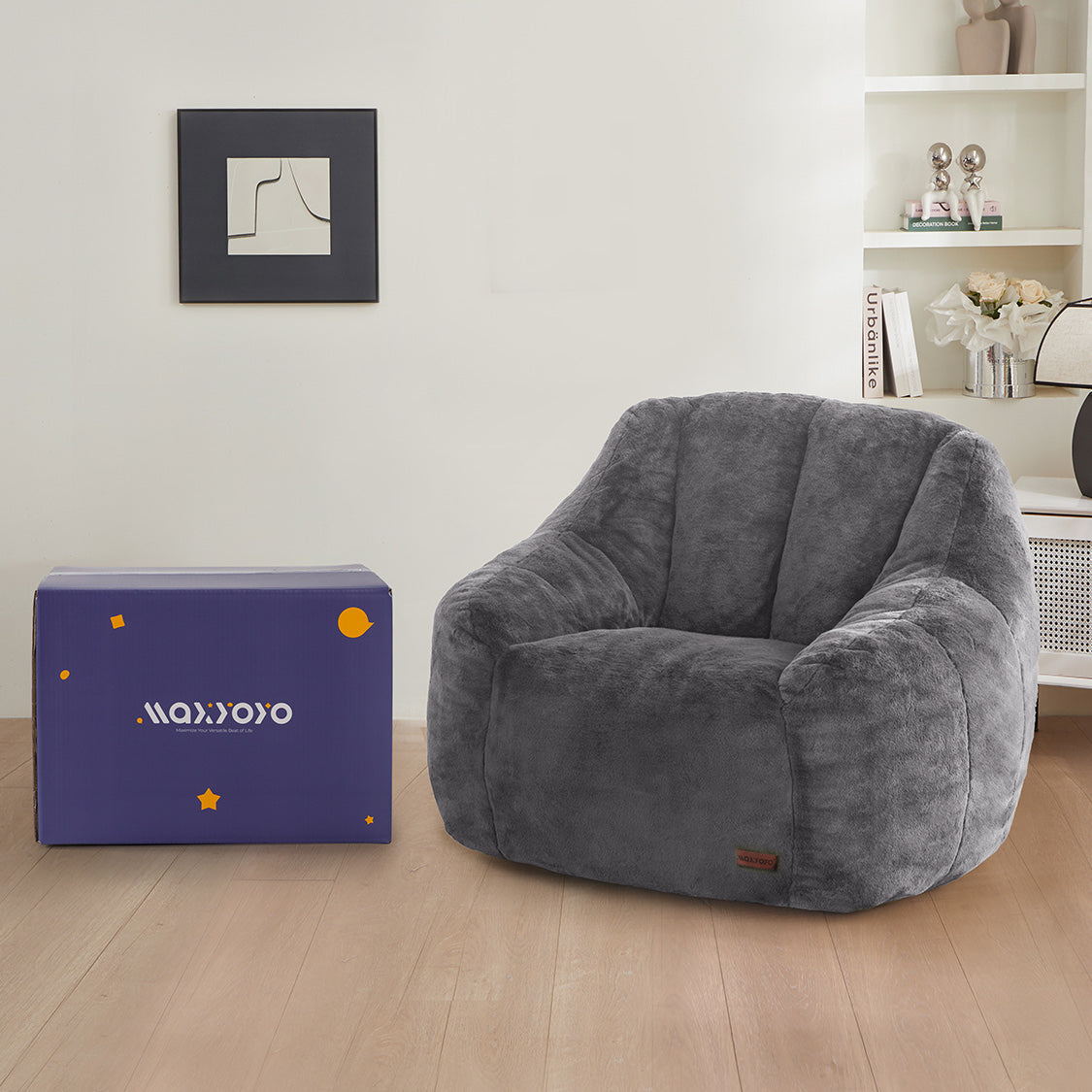 MAXYOYO Faux Fur Bean Bag Chair with High Backrest - Grey, Oversized Comfortable Lounge Chair for Living Room, Bedroom, Dorm, or Game Room - Perfect for Relaxing, Reading, and Gaming