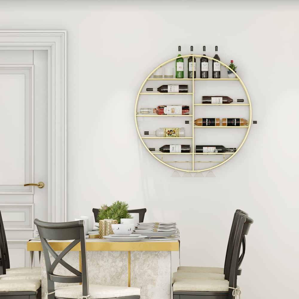 12 Bottle Wall Mounted Wine Rack - Gold Metal Bar Shelf with Glass Holder - Hanging Display for Home Bar, Dining Room & Kitchen (35.5