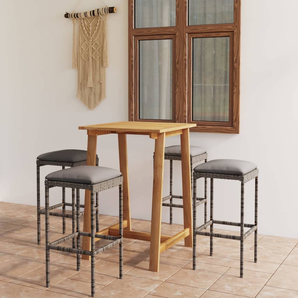 vidaXL 5-Piece Patio Bar Set with Wood Tabletop & Cushioned Stools - Outdoor Dining Furniture for Garden, Backyard, Farmhouse (Gray) | Perfect for Entertaining, Relaxing & Outdoor Gatherings