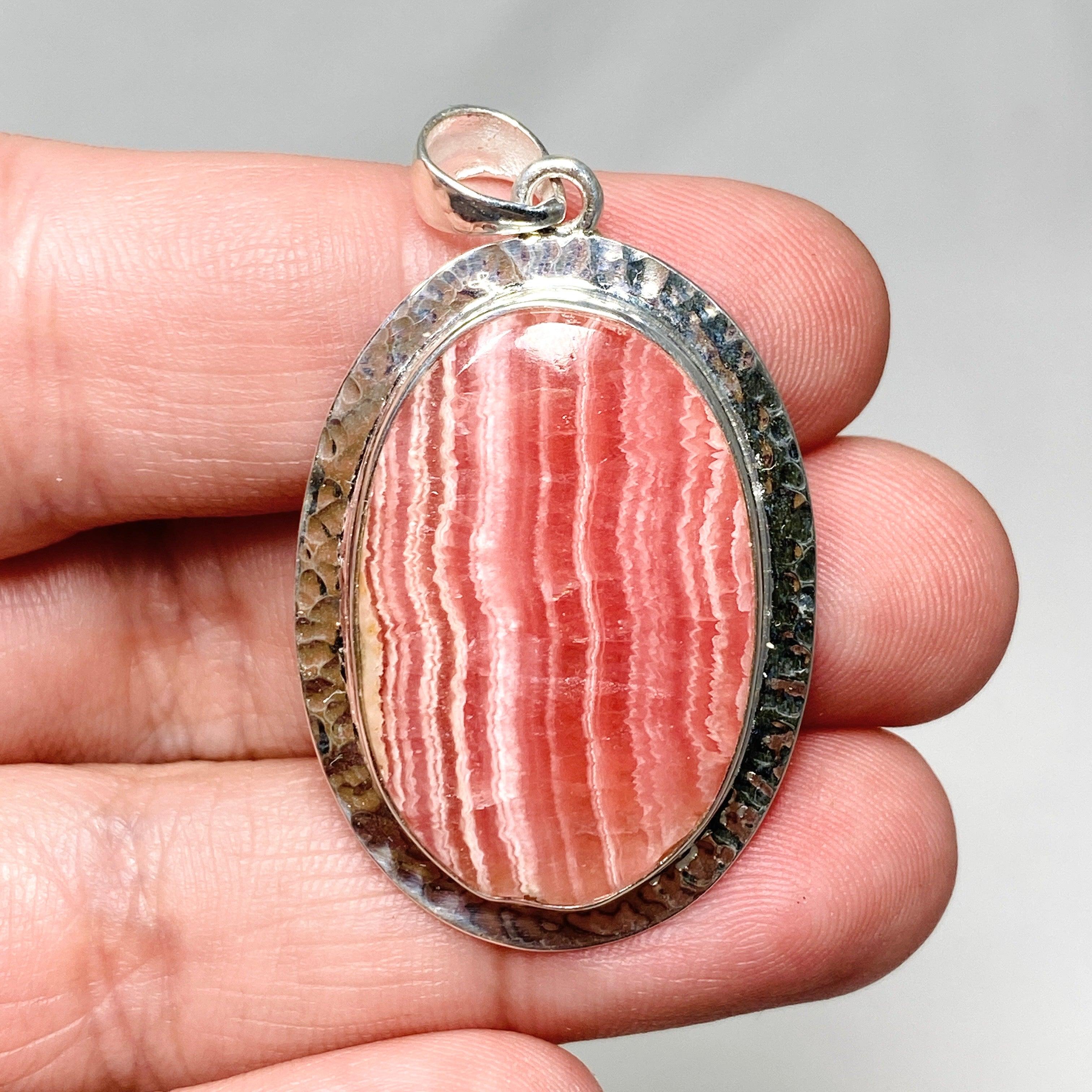 Rhodochrosite Oval Pendant Necklace - Handcrafted Hammered Sterling Silver Setting KPGJ4320 | Elegant Jewelry Gift for Women, Perfect for Weddings & Special Occasions