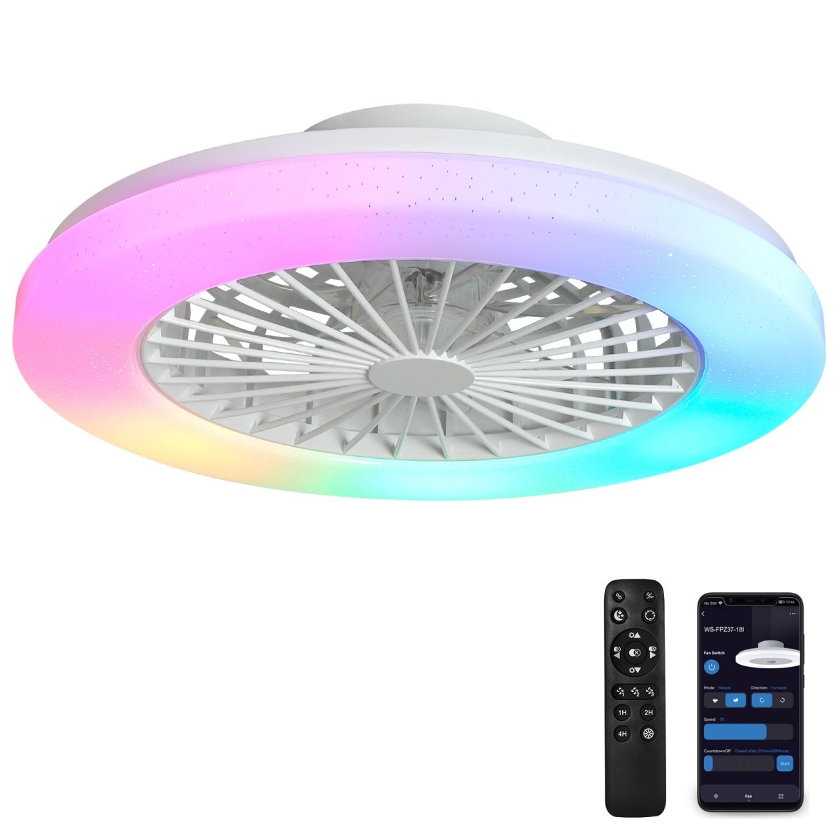 Smart Bladeless Ceiling Fan with RGB LED Lights - Low Profile Flush Mount Fan with 3 Wind Speeds, Remote Control & Color Changing Ambient Lighting - Perfect for Bedroom, Living Room, Nursery & Home Theater