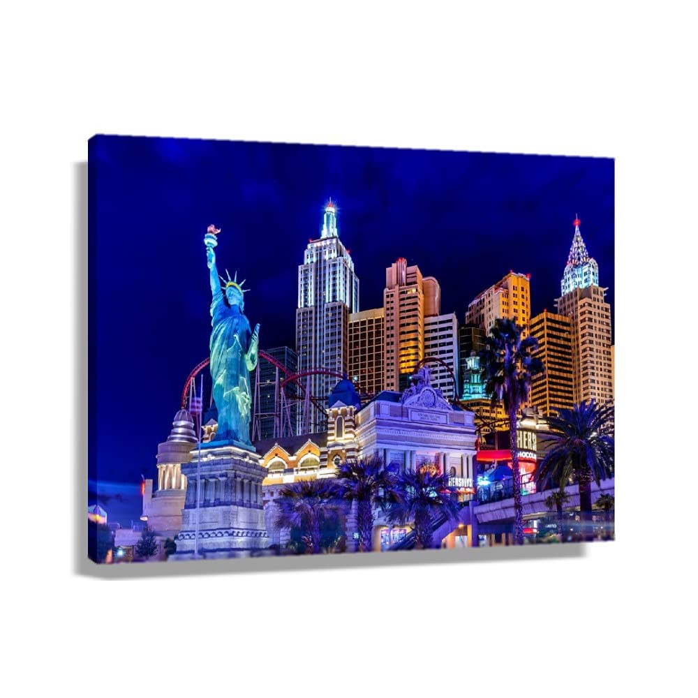 Las Vegas City Night View & Statue of Liberty Canvas Art Print - Framed Wall Decor (36x24 inches, 90x60cm) - Modern Painting for Bedroom, Bathroom, Kitchen & Office - Perfect Gift for Home & Office Decor