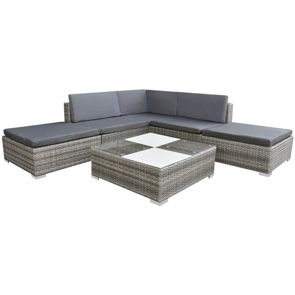 **6-Piece Gray PE Rattan Patio Furniture Sectional Set with Cushions - Outdoor Wicker Sofa & Conversation Set for Garden, Lawn, or Backyard Relaxation**