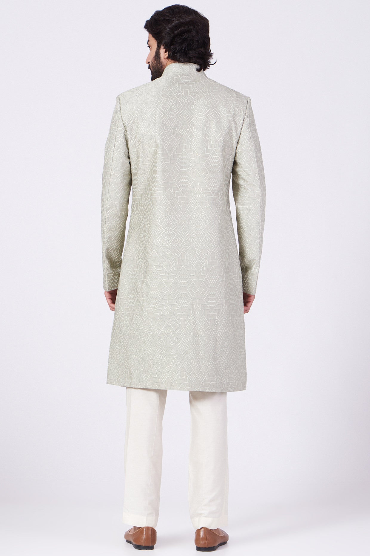 Elegant Mint Green Geometric Embroidered Sherwani for Men | Traditional Indian Wedding Outfit | Perfect for Festivals, Ceremonies & Special Occasions