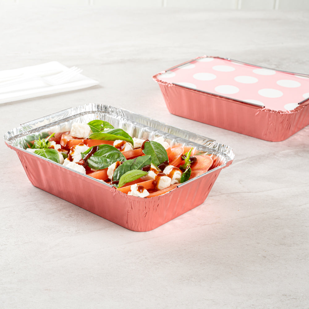16 oz Pink Aluminum Take Out Containers with Polka Dot Paper Lids - 7.25