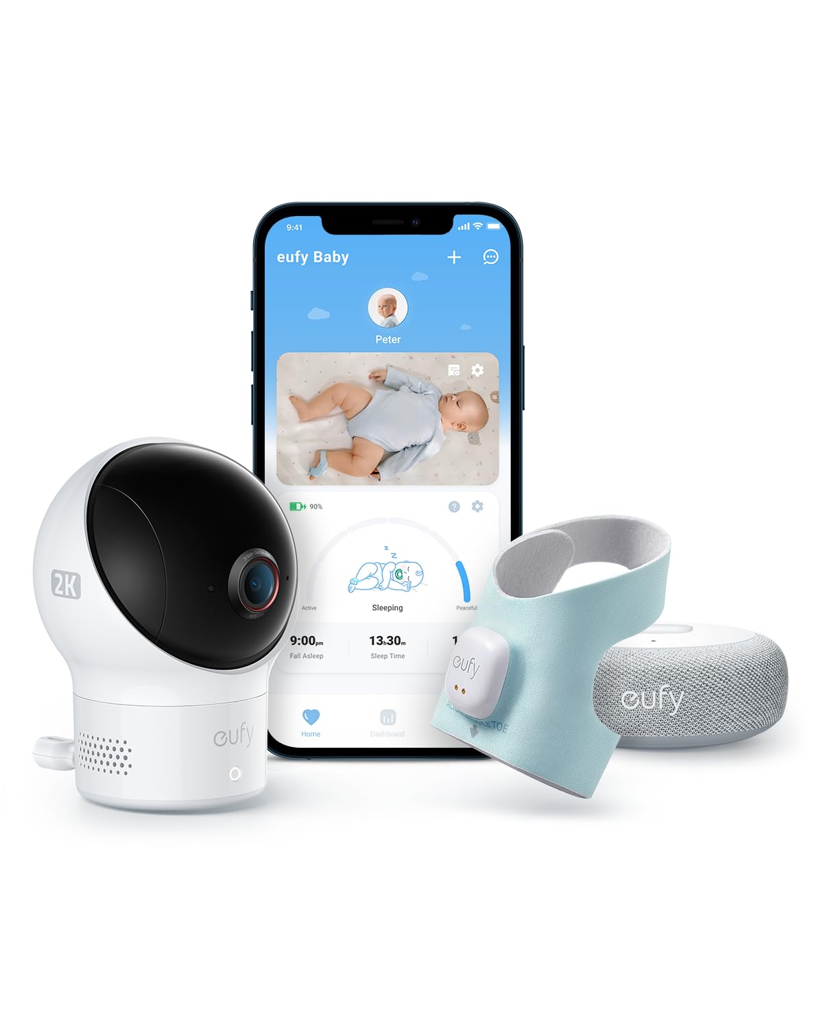 eufy Baby Smart Sock & 2K Camera Monitor with 2.4GHz Wi-Fi - Track Infant Sleep Patterns, Heart Rate, Naps | AI Cry Detection, Pan-Tilt Function | No Monthly Fees | Perfect for Nursery, Daycare & Travel