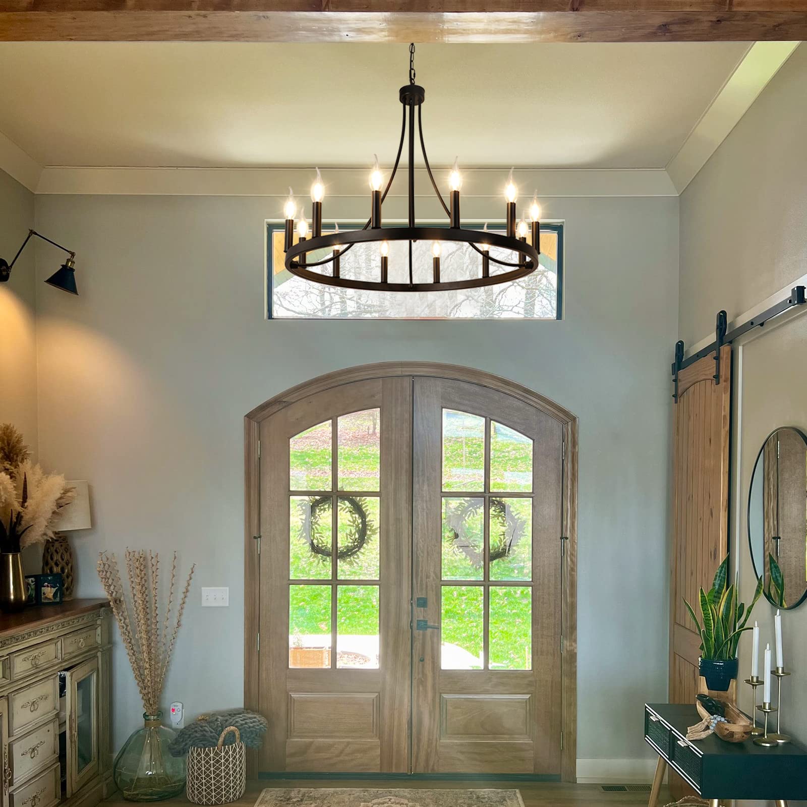 LynPon 12-Light Black Wagon Wheel Chandelier - 27 Inch Rustic Round Ceiling Light Fixture for Farmhouse & Industrial Decor | Perfect for Living Room, Dining Room, Kitchen, Foyer & Entryway Lighting