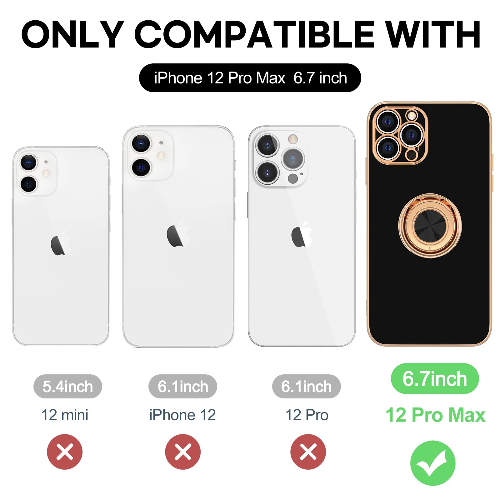 Hython Magnetic Phone Case for iPhone 12 Pro Max - 360° Rotatable Ring Stand with Kickstand, Shockproof Protective Cover, Soft Microfiber Lining & Rose Gold Edge (Black) - Perfect for Work, Travel and Hands-Free Viewing