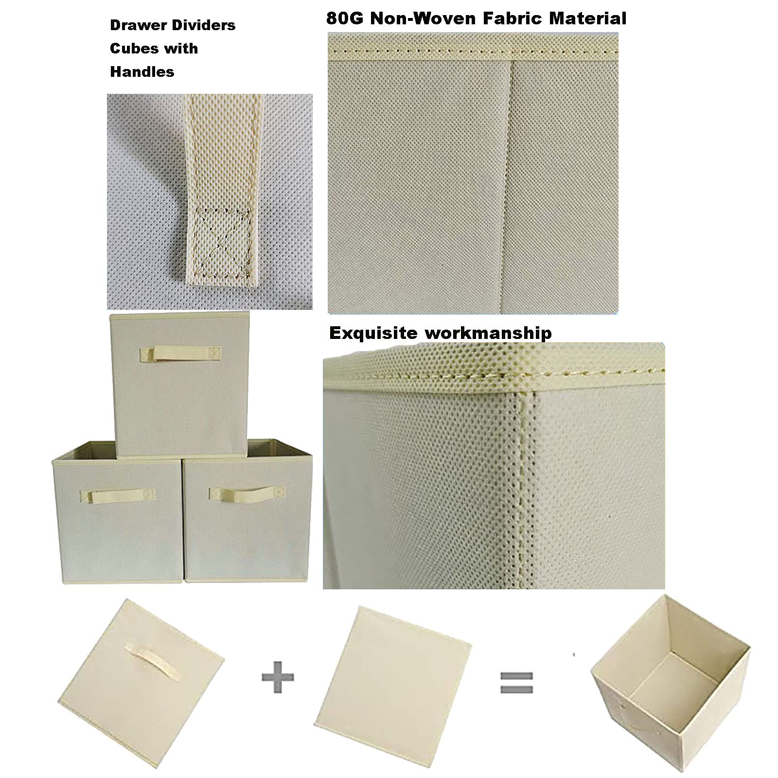 2 Pack Collapsible Fabric Drawer Storage Organizers with Handles - Foldable Closet Organizer Boxes for Clothes, Bras, Socks, Underwear, Ties, Scarves, Toys & Books - Beige - Perfect for Bedroom, Closet, Nursery & Office Organization