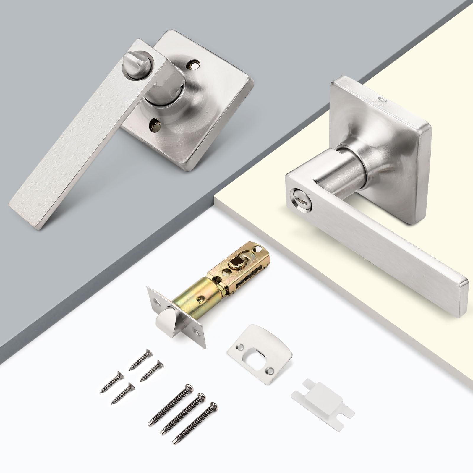 GOBEKOR 10 Pack Keyless Privacy Door Levers - Brushed Nickel Bedroom Door Handle with Lock, Square Interior Door Handles, Straight Lever for Home Security | Perfect for Bedrooms, Bathrooms & Private Spaces