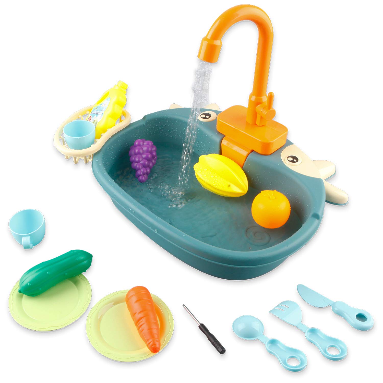 Ruibytree Kids Pretend Play Kitchen Sink Toy with Electric Running Water Faucet, Dishwasher & Cutting Food Accessories - Role Play Toy for Toddlers (Cute Cow Design) - Perfect for Preschool Learning & Imaginative Play