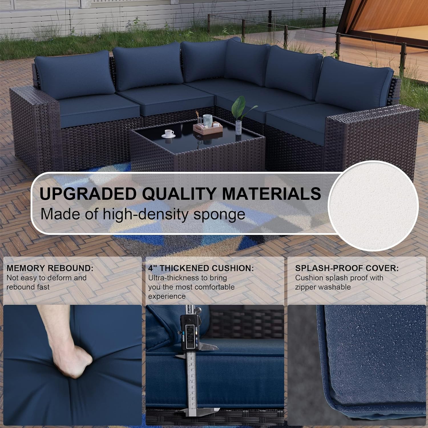 6-Piece Outdoor Patio Furniture Set - PE Wicker Rattan Sectional Sofa Conversation Set in Navy Blue for Garden, Poolside & Backyard Relaxation