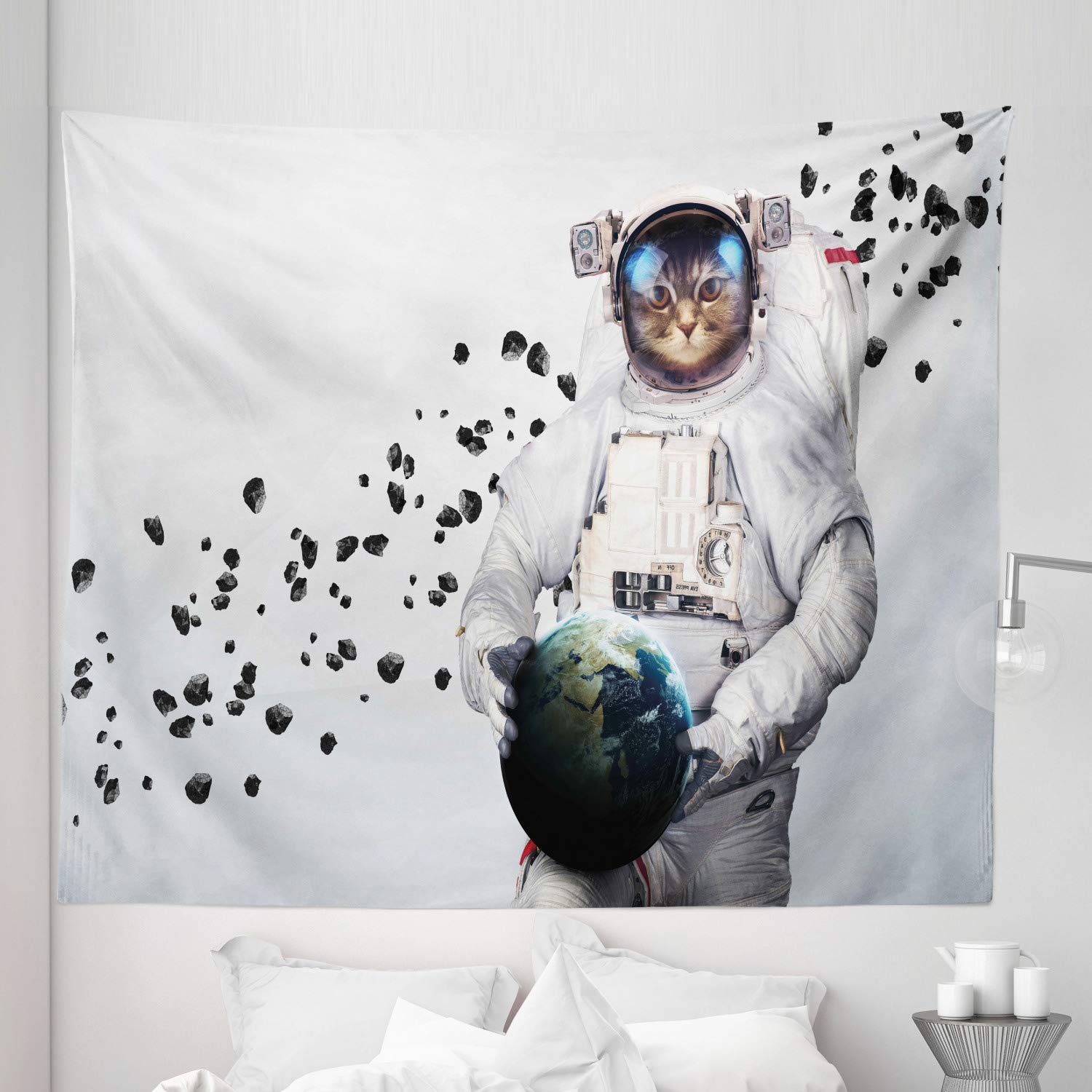Ambesonne Space Cat Tapestry King Size - Astronaut Kitten in Space Suit Holding Planet with Galaxy Design, Large Wall Hanging Bedspread (104