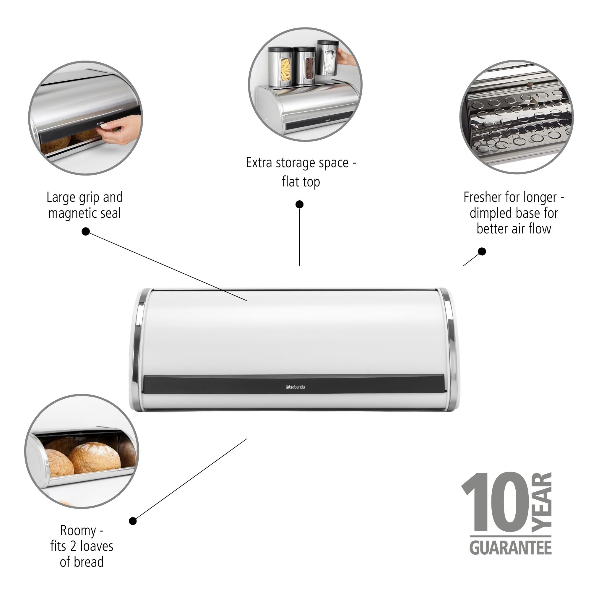 Brabantia Roll Top Bread Box – Large White Metal Countertop Storage for Bread, Bagels, Rolls – Space-Saving Kitchen Organizer with Flat Top – Perfect for Pantry, Bakery, and Home Kitchen Use