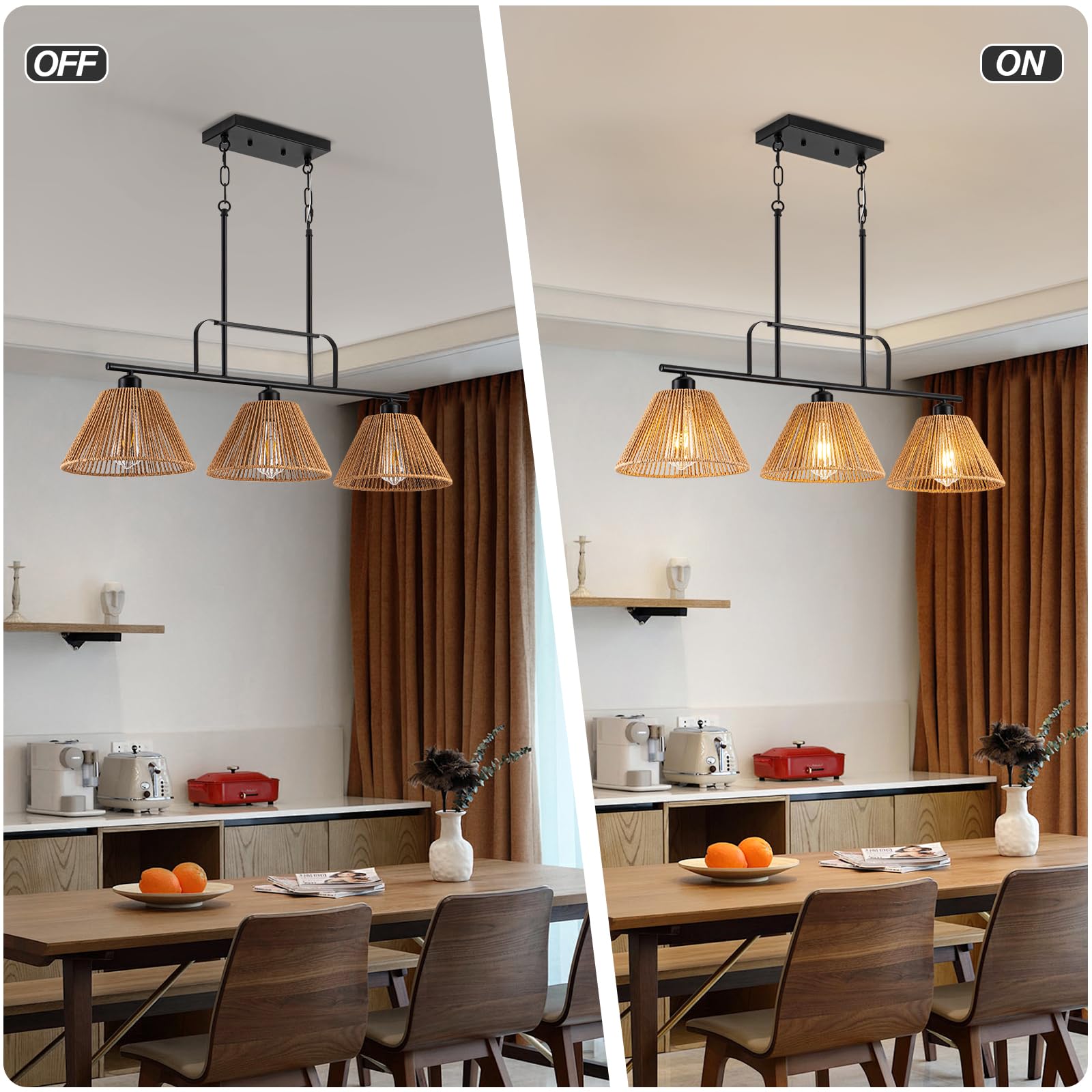 Rattan Farmhouse Kitchen Island Lighting - 3-Light Dining Room Chandelier with Hand Woven Wicker Shade, Linear Pendant Light for Kitchen Island, Dining Table, Living Room, and Bedroom