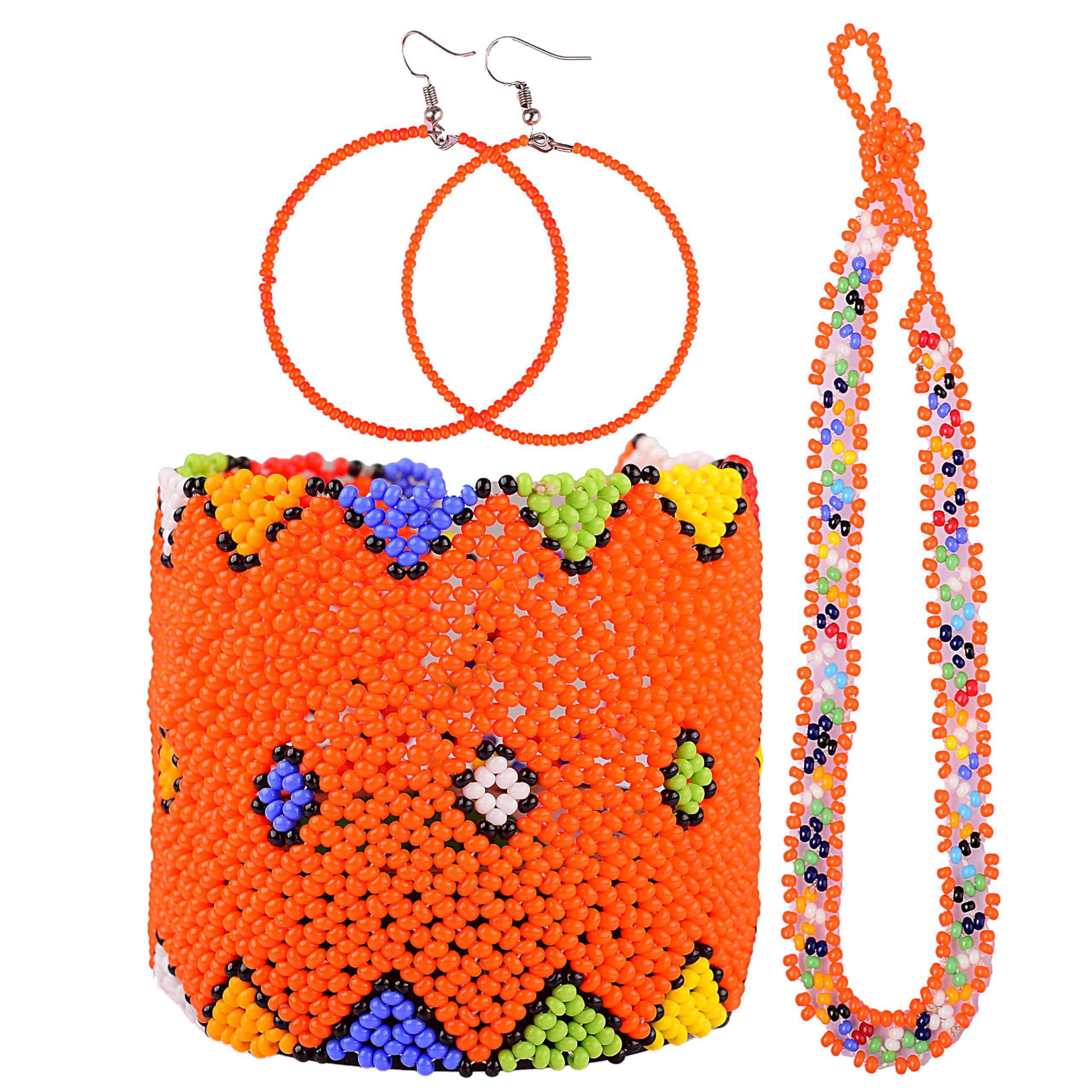 Handmade African Jewelry Set for Women - Boho Orange Beaded Bracelet, Anklet & Hoop Earrings | Colorful Ethnic Accessories for Festival, Beach & Everyday Wear