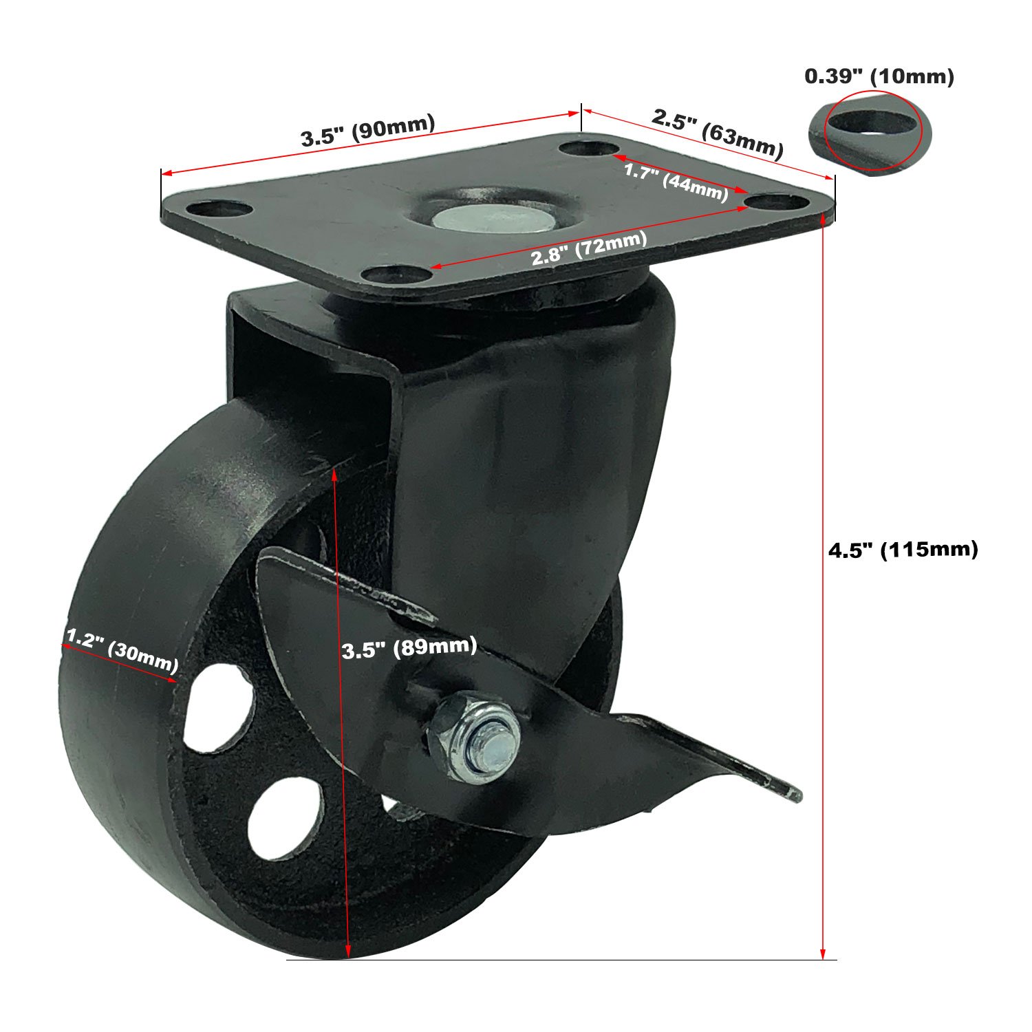 FactorDuty 8 All Black Heavy Duty Metal Swivel Plate Caster Wheels with Brake Lock - 3.5 Inch High-Gauge Steel Wheels for Industrial Equipment, Furniture, and Workshop Use