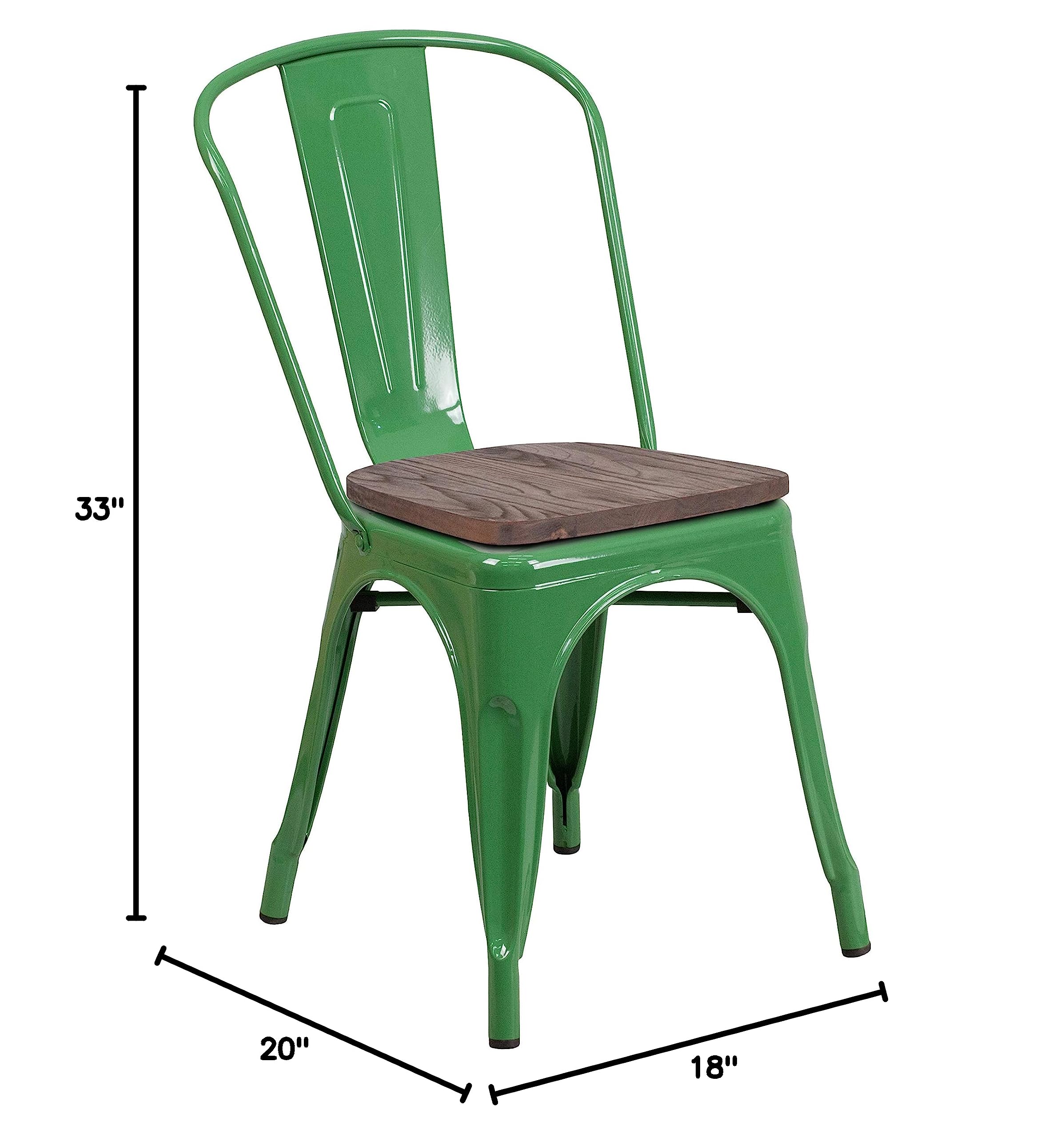 4 Pack Green Metal Stackable Chairs with Wood Seat - Commercial Restaurant & Bistro Chairs - Durable Indoor Outdoor Dining Chairs for Cafe, Patio, Kitchen, and Home Decor