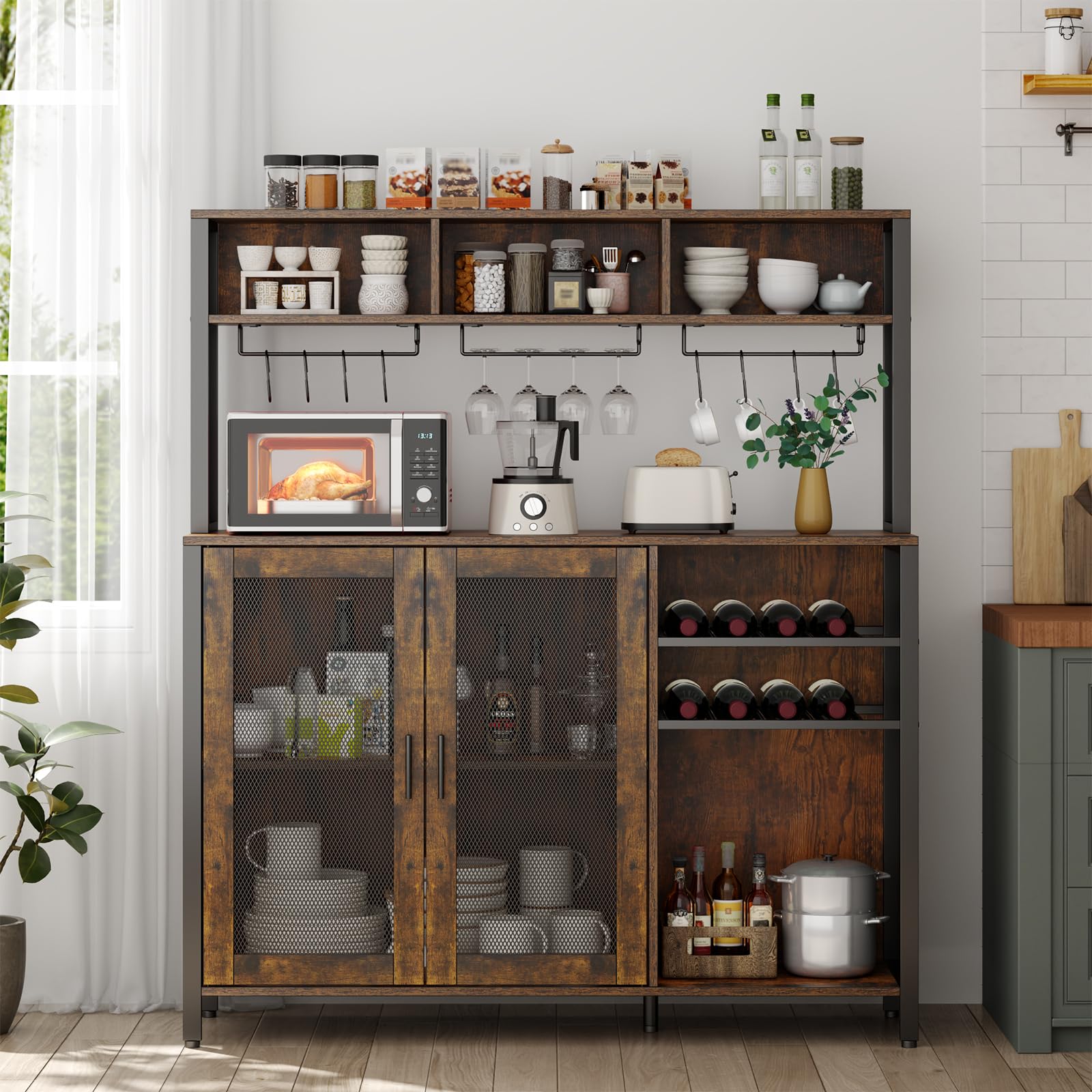 Industrial Wine Bar Cabinet with LED Lights - Rustic Brown Coffee Bar with Wine Rack, Glass Holder & 3 Storage Compartments - Kitchen Buffet Sideboard & Liquor Cabinet for Home Bar, Dining Room or Entertainment Area