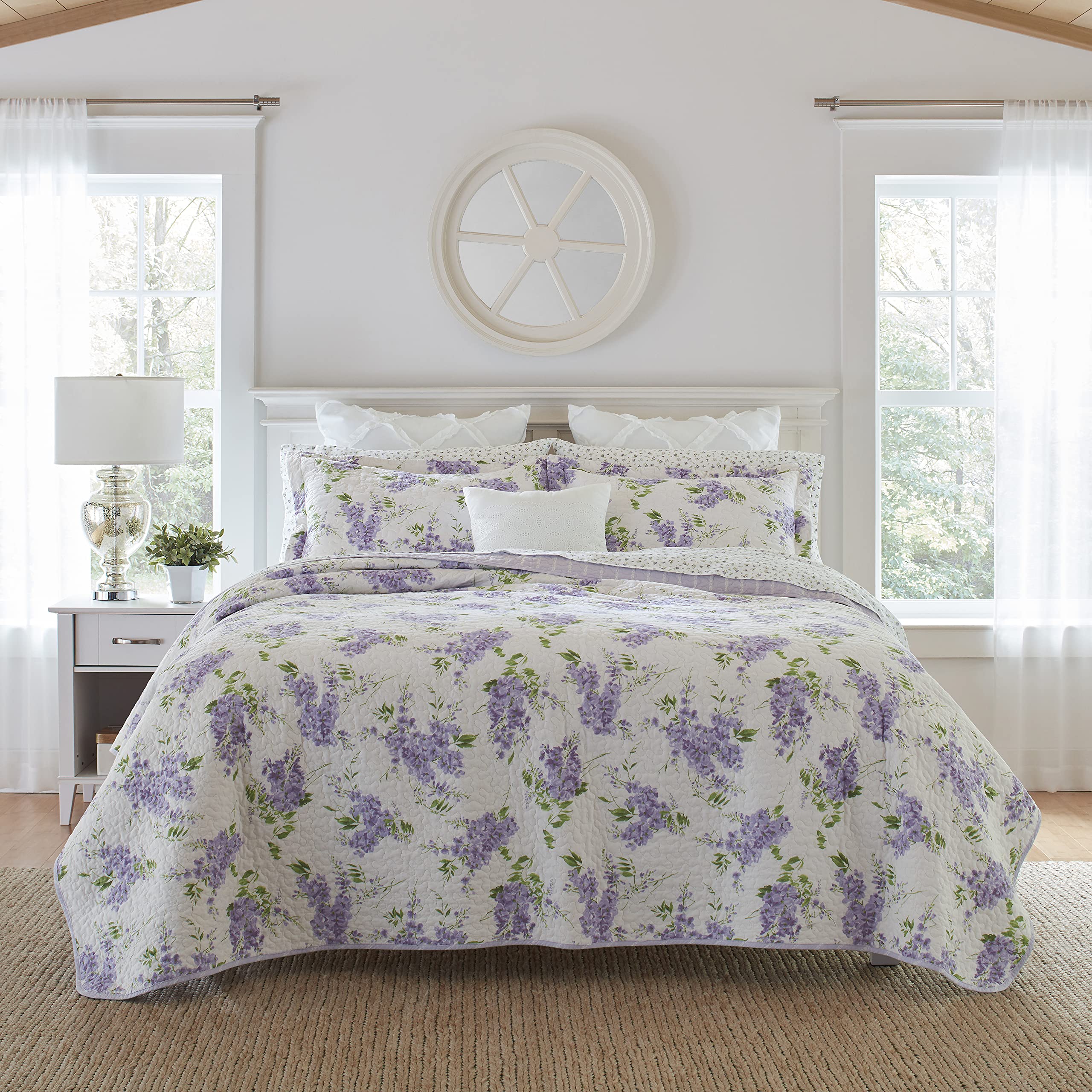 Laura Ashley Queen Quilt Set - Reversible 100% Cotton Bedding with Matching Shams | Lightweight All-Season Comforter | Keighley Lilac Floral Design | Perfect for Master Bedroom, Guest Room & Cozy Home Decor