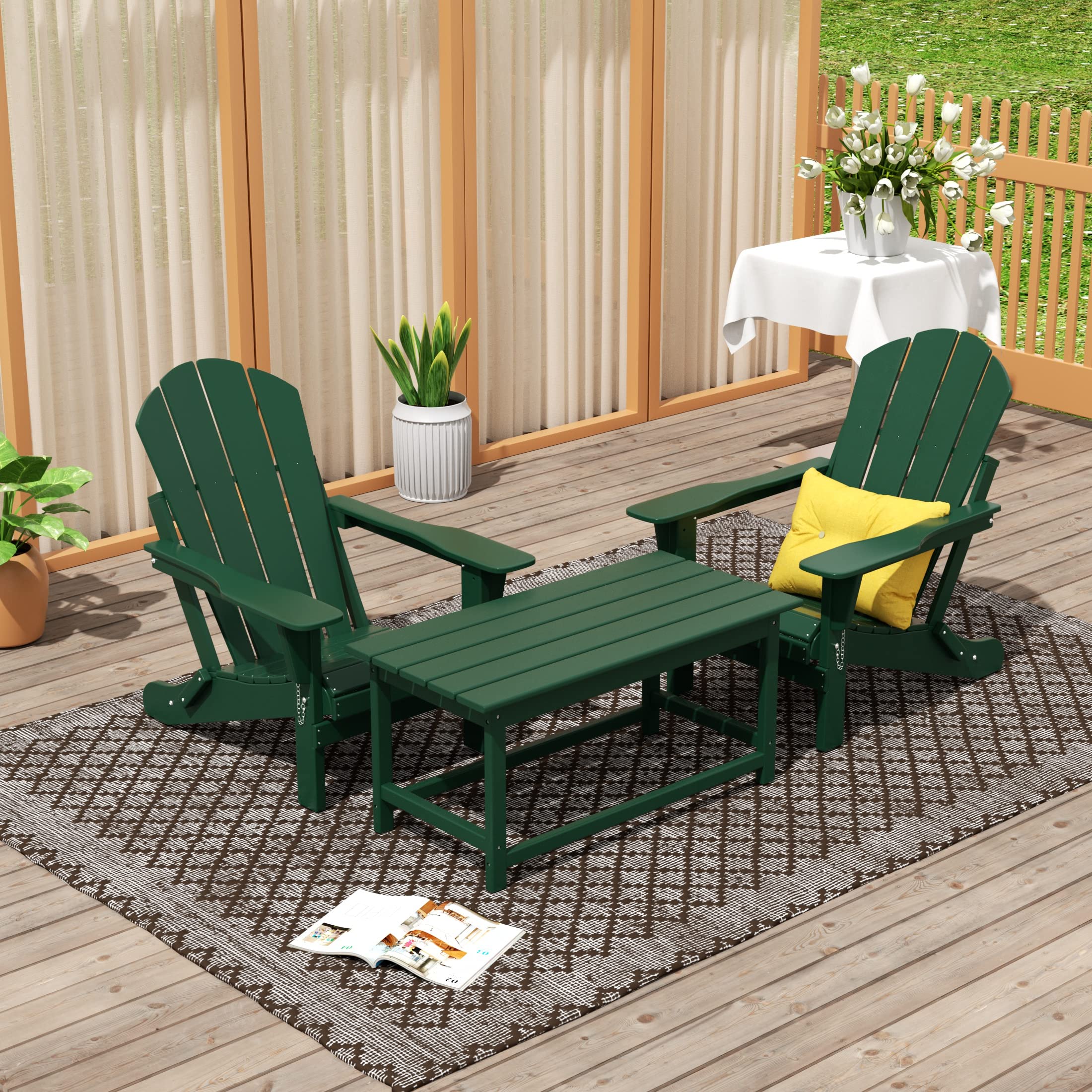 WO Home Furniture 3-Piece Adirondack Chair Set with Coffee Table - Outdoor Folding Chairs Weatherproof & UV Resistant for Lawn, Garden, Patio, Bonfire, Balcony (Dark Green) - Perfect for Backyard Relaxation & Outdoor Entertaining
