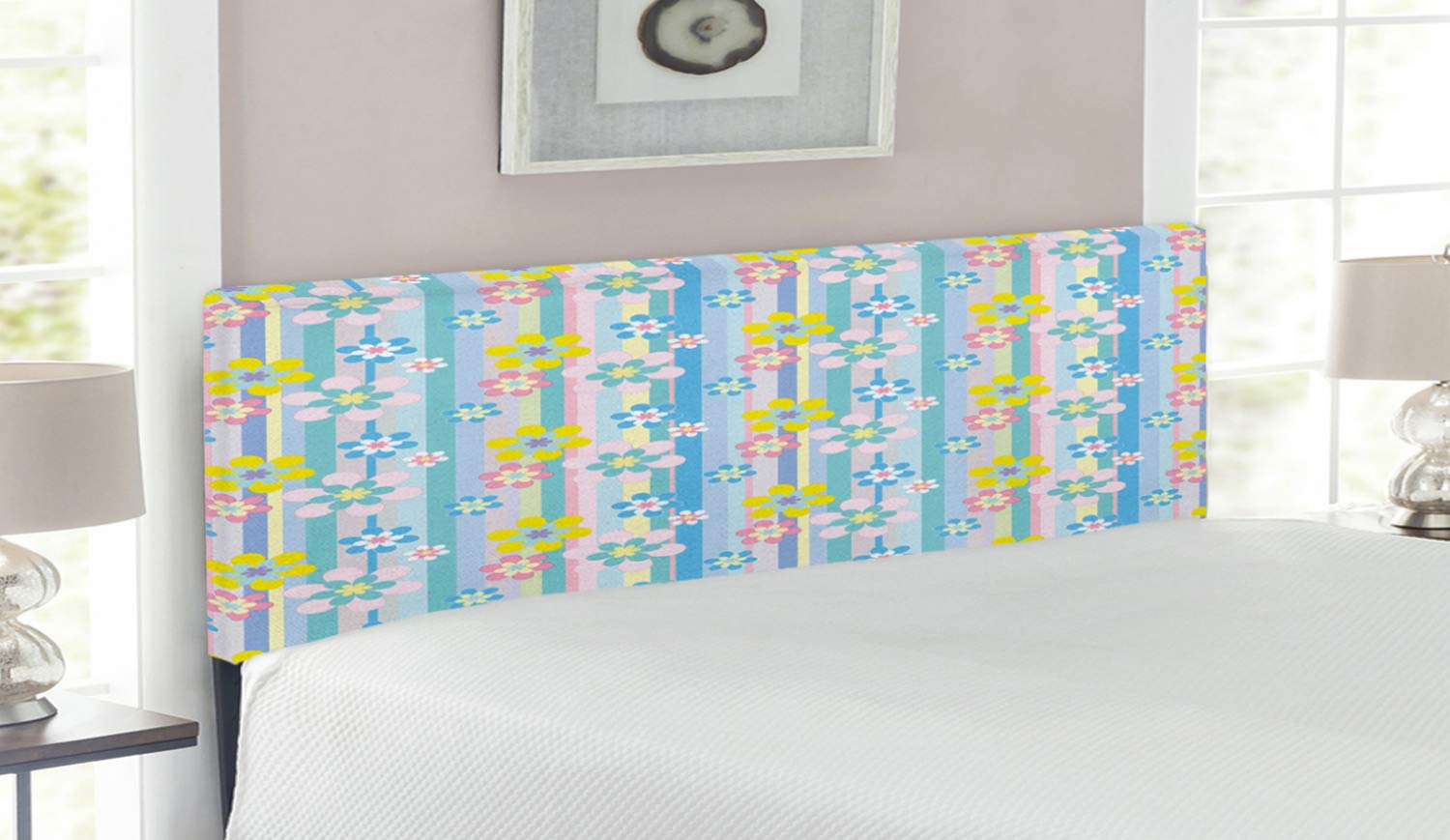 Ambesonne Pastel Headboard - Abstract Spring Floral Daisies on Vertical Stripes, Soft Modern Upholstered Decorative Metal Bed Headboard with Memory Foam, Queen Size, Multicolor - Perfect for Bedroom Decor, Guest Room, Dorm & Apartment Styling