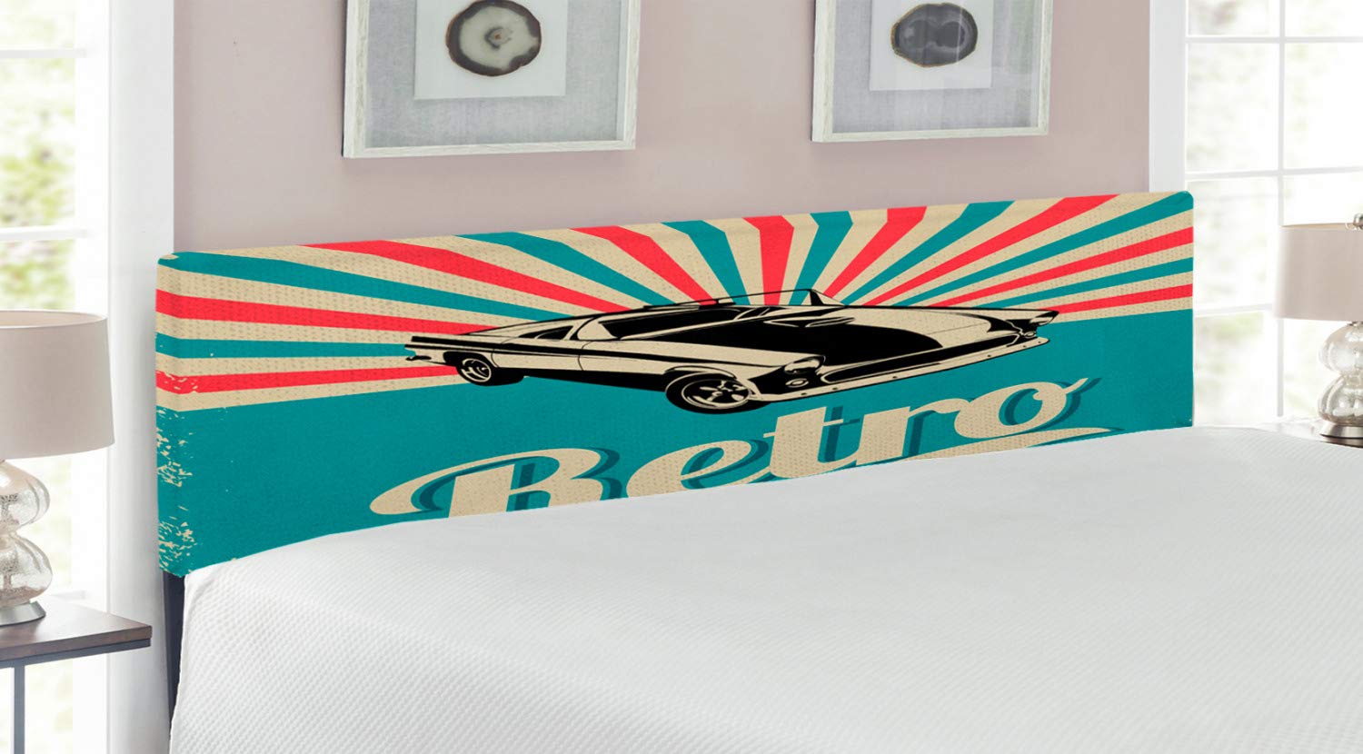 Ambesonne Vintage Cars Headboard - Classic American Car Design on Retro Striped Background, Upholstered Metal Bed Headboard with Memory Foam - King Size in Sky Blue, Hot Pink & Black - Perfect for Bedroom Decor and Car Enthusiasts