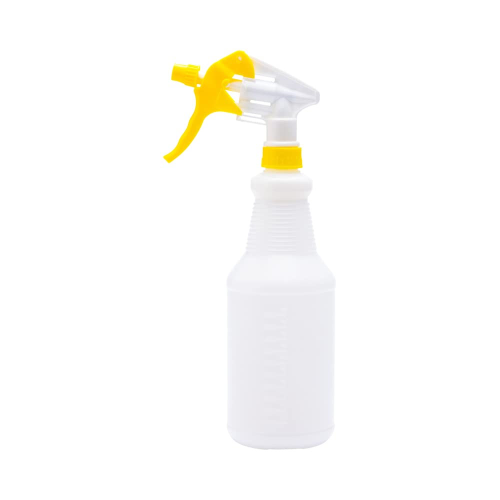 Restaurantware 25oz Cleaning Spray Bottle - Refillable with Measurements, Mist & Stream Modes | Leak-Resistant Yellow Plastic Solution Bottle for Home, Kitchen, Restaurant & Commercial Use | Perfect for Cleaning, Disinfecting & Organizing Liquids