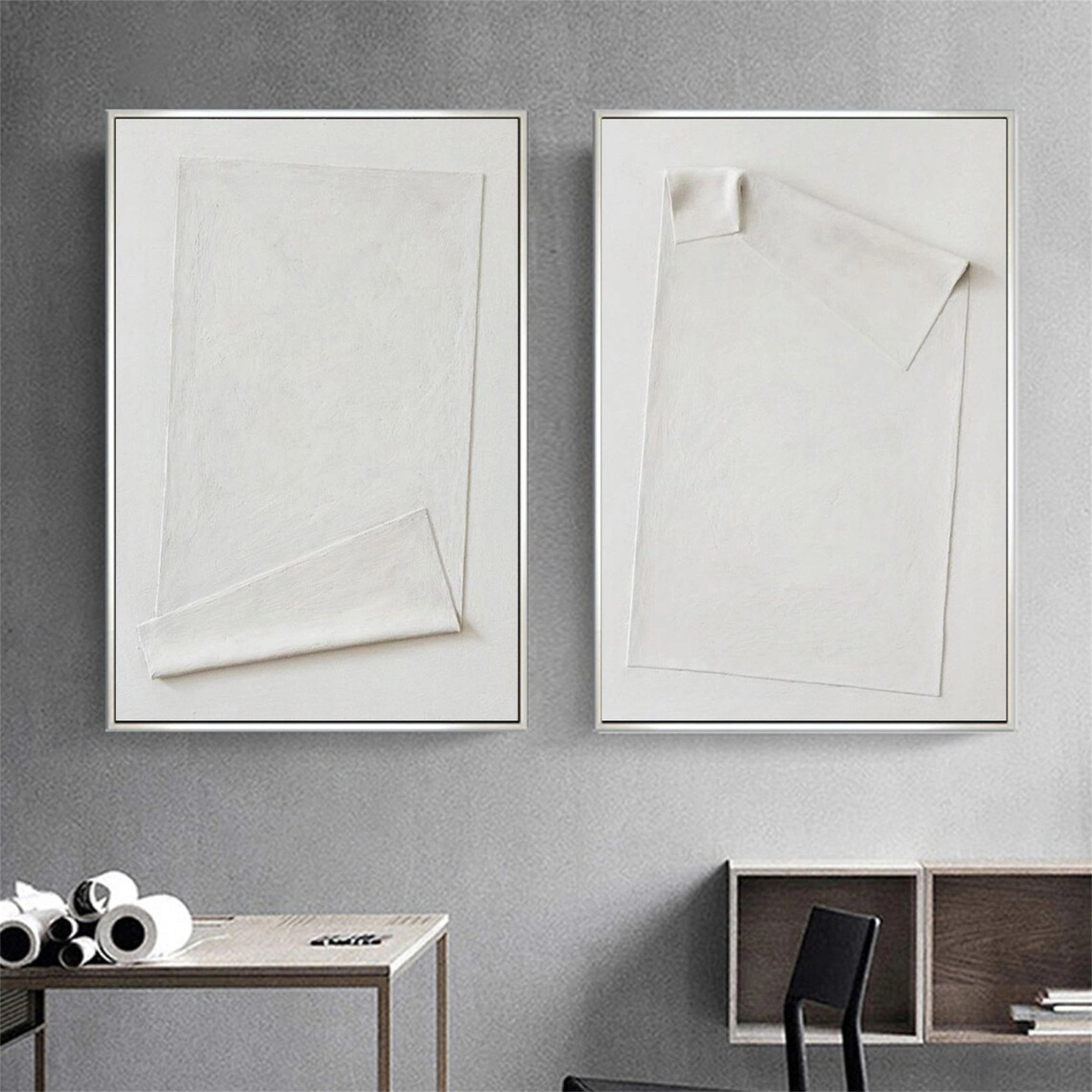 Minimalist White Textured Canvas Paintings Set of 2 - Modern Abstract Wall Art for Living Room & Bedroom Decor #MM145