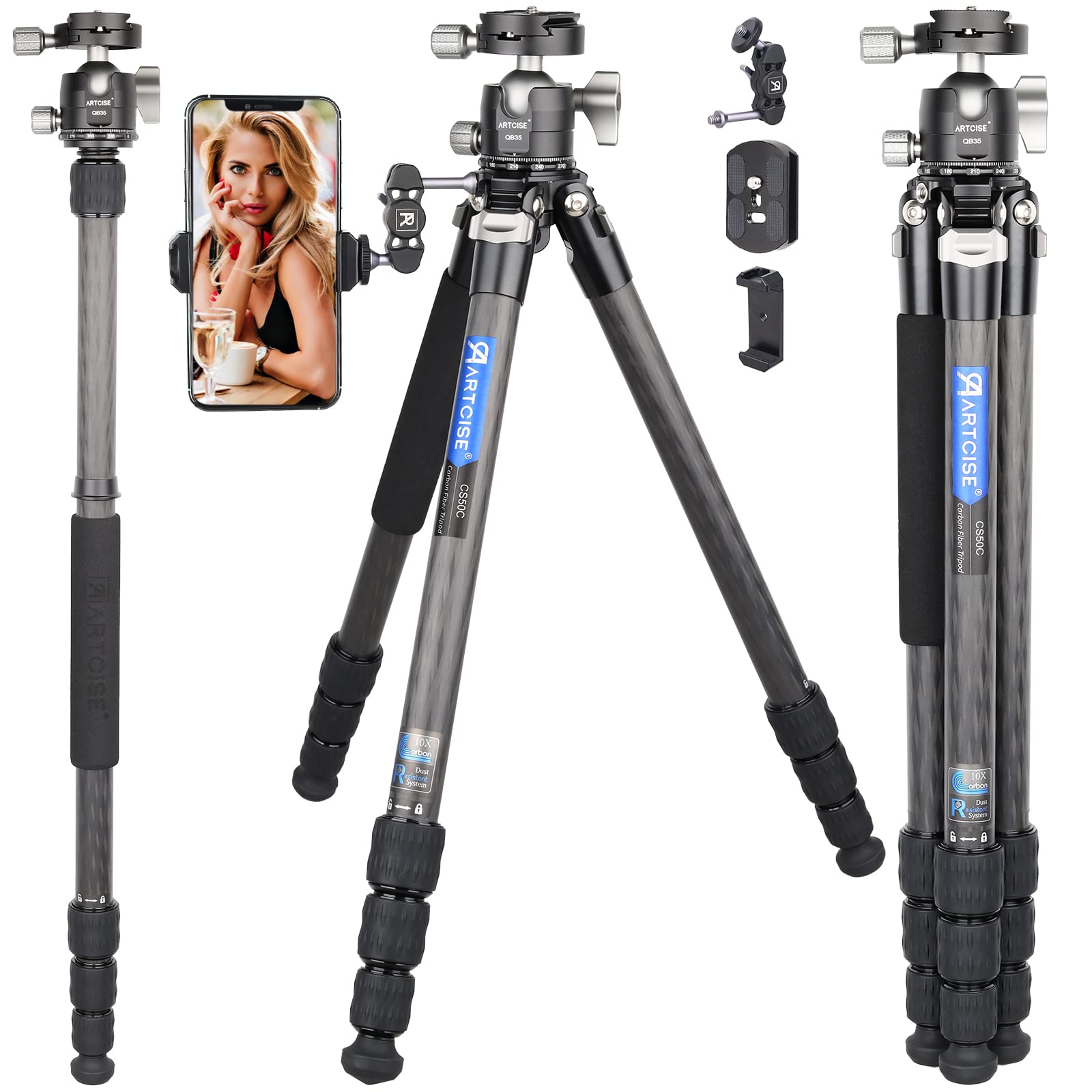 Compact 10-Layer Carbon Fiber Tripod with 35mm Low Profile Ball Head - Detachable Travel Monopod & Magic Arm + Phone Clip (15kg Max Load) - Perfect for Travel Photography, Vlogging & Outdoor Shooting