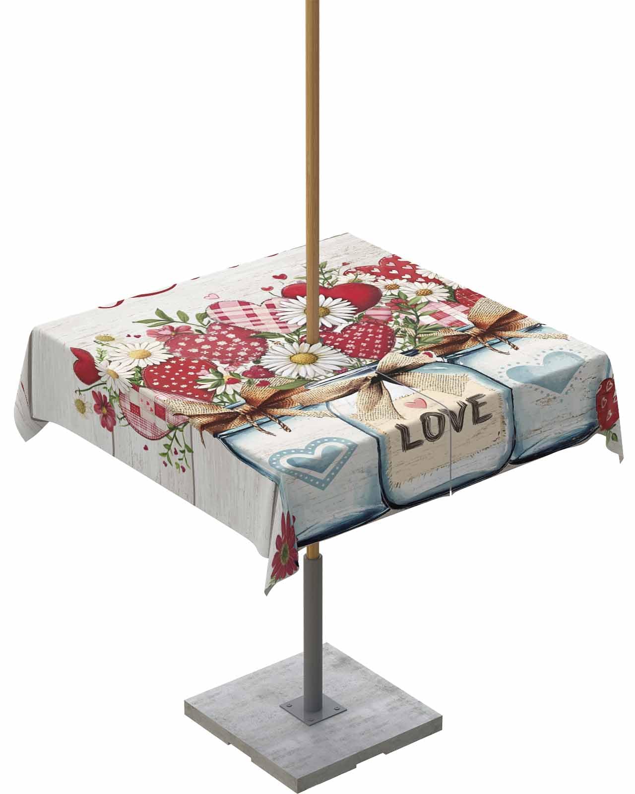 Valentine's Day Waterproof Spillproof Tablecloth with Umbrella Hole & Zipper - Romantic Daisy Print Outdoor Dining Table Cover for Picnic, Patio, Party & Dinner - Fits Rectangle Tables with Vase & Heart Decorations - Perfect for Romantic Dates, Garden Parties & Outdoor Celebrations