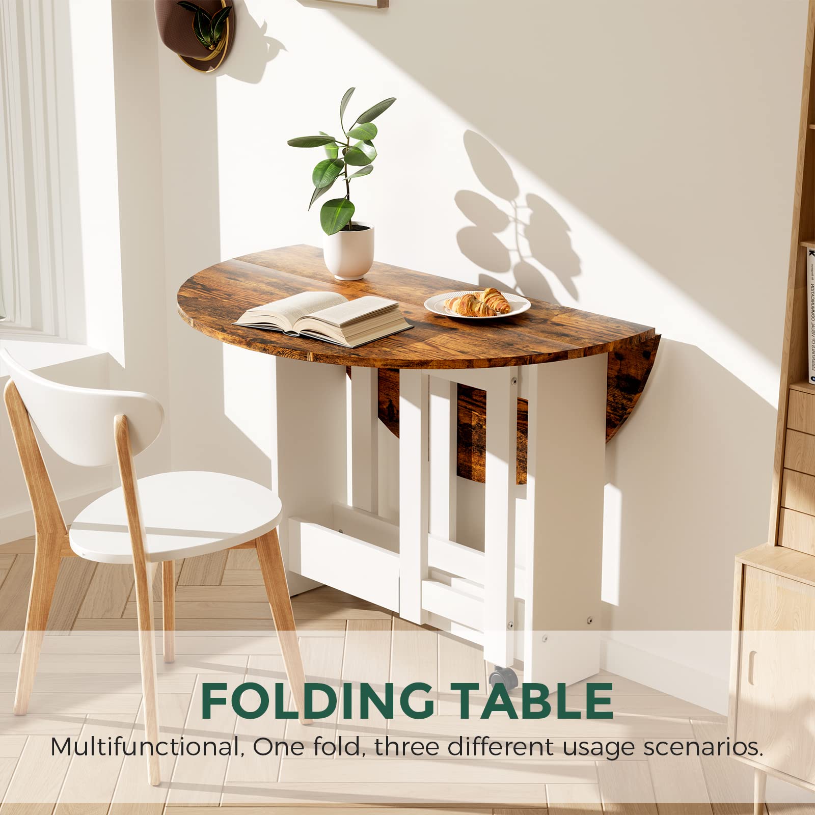 Upgraded Folding Dining Table - Convertible Drop Leaf Kitchen Table with 2-Tier Storage Racks, Space Saving Farmhouse Style in Rustic Brown - Perfect for Small Apartments, Studio Living & Compact Dining Areas