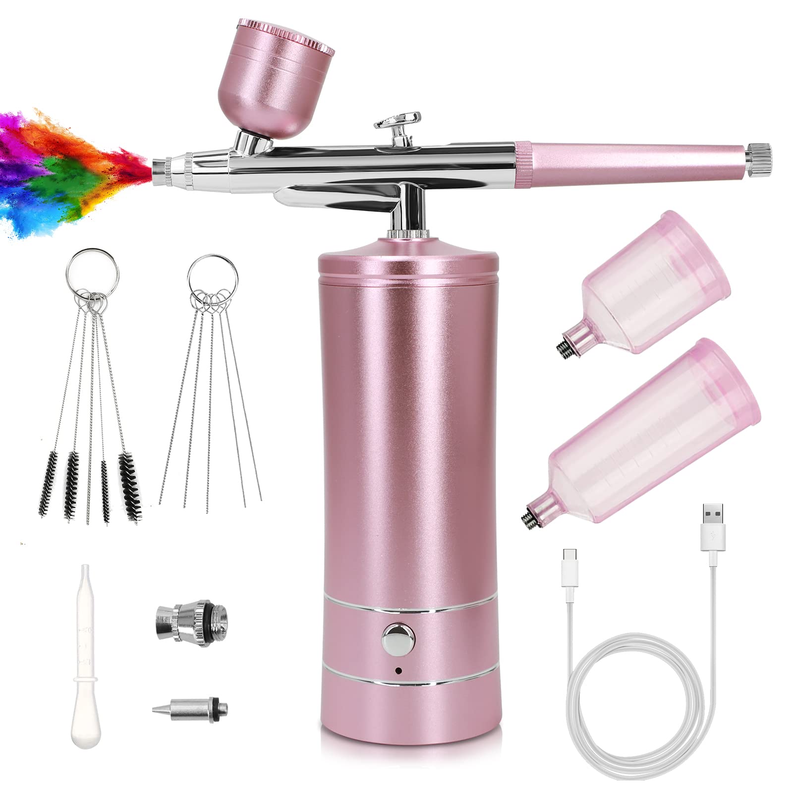 Professional Airbrush Kit with Compressor - Rechargeable Portable High Pressure Airbrush Gun, 0.3mm Nozzle & Cleaning Brush Set for Painting, Tattoos, Nail Art, Makeup & Cake Decorating (Pink) - Perfect for Artists, DIY Crafts & Professional Cosmetology