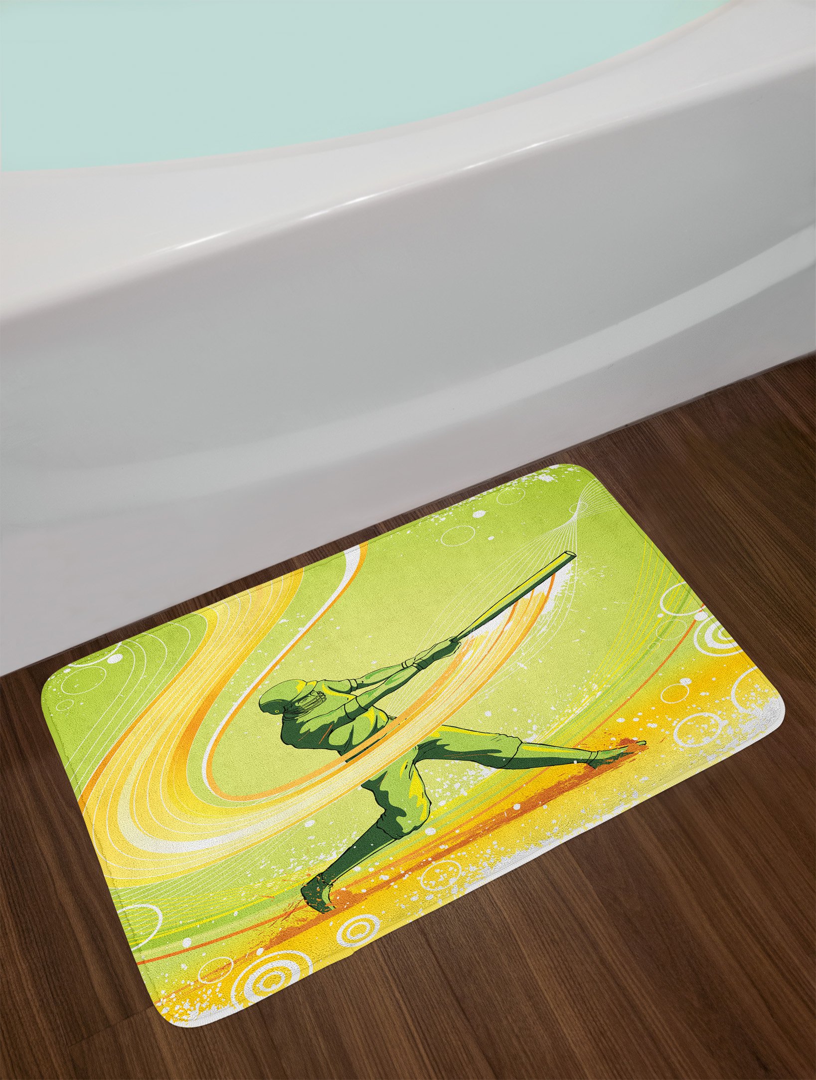 Ambesonne Non-Slip Baseball Bath Mat - 30.2 x 20 Inch Plush Bathroom Rug with Player Hitting Ball Design in Green & Yellow | Perfect for Sports Fans, Kids' Bathrooms & Game Room Decor