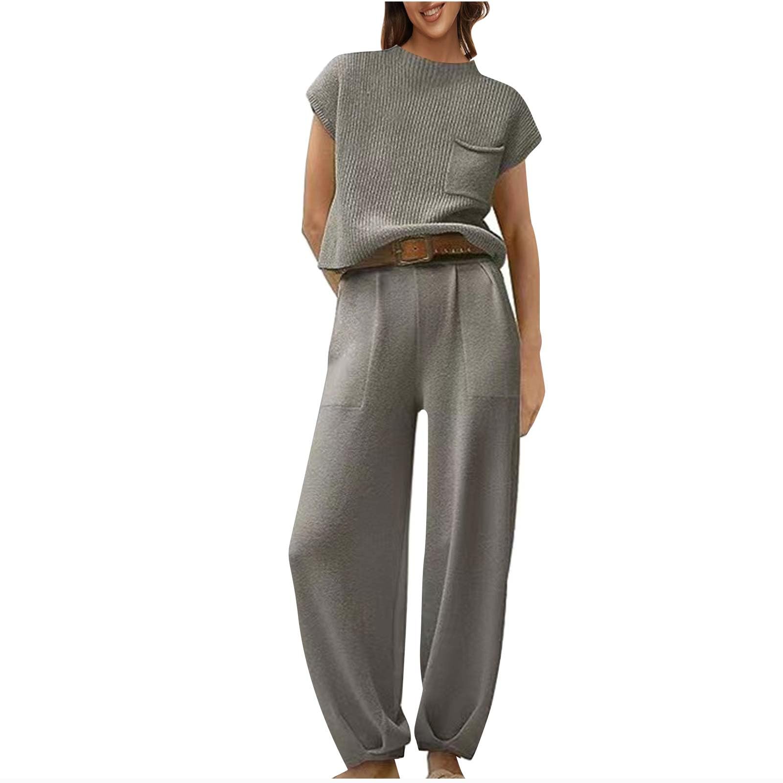 Women's Summer Knit Pullover Top & High Waisted Pants 2-Piece Lounge Set - Casual Outfit for Home, Travel & Relaxation