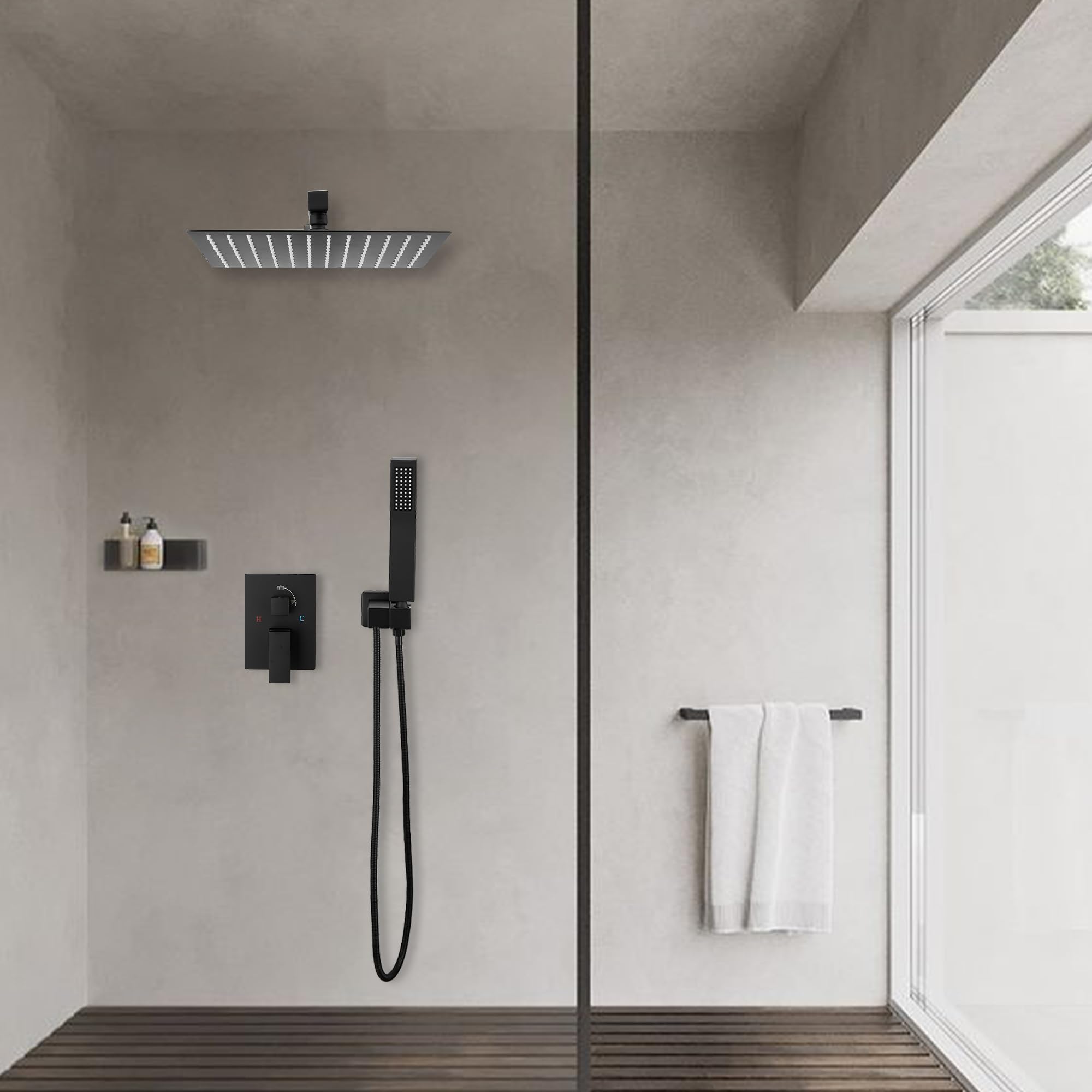 10 Inch Square Stainless Steel Rainfall Shower System - Black GGStudy Shower Faucet Trim Kit with Rough-in Valve, Handheld Spray & Metal Shower Head for Modern Bathroom Renovation | Perfect for Spa-Like Experience and Water-Saving Bathing