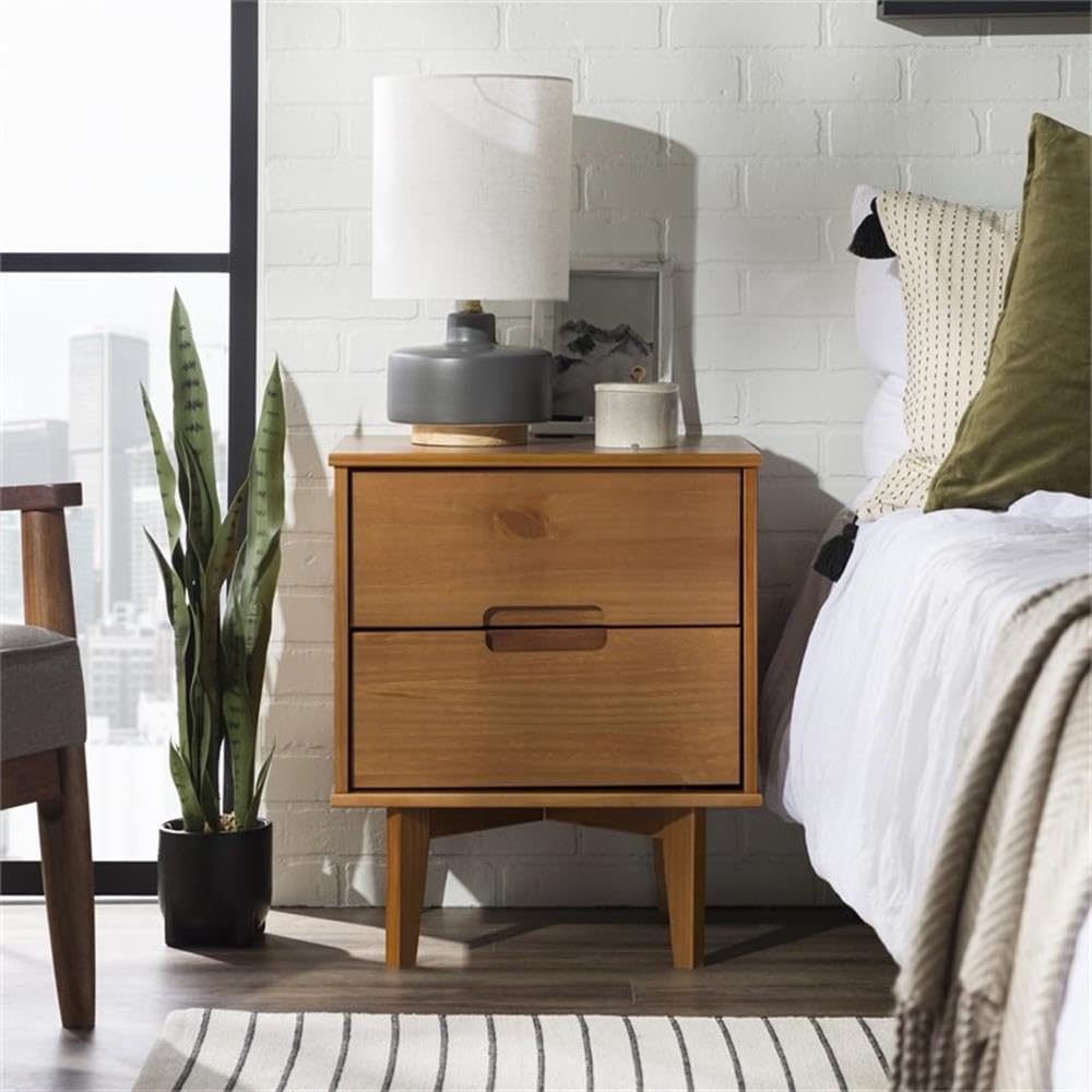 Walker Edison Mid Century Modern Wood Nightstand - 2 Drawer Bedside Table with Grooved Handle, Storage Shelf & Drawer, Caramel Finish - Perfect for Bedroom, Living Room, or Office Use
