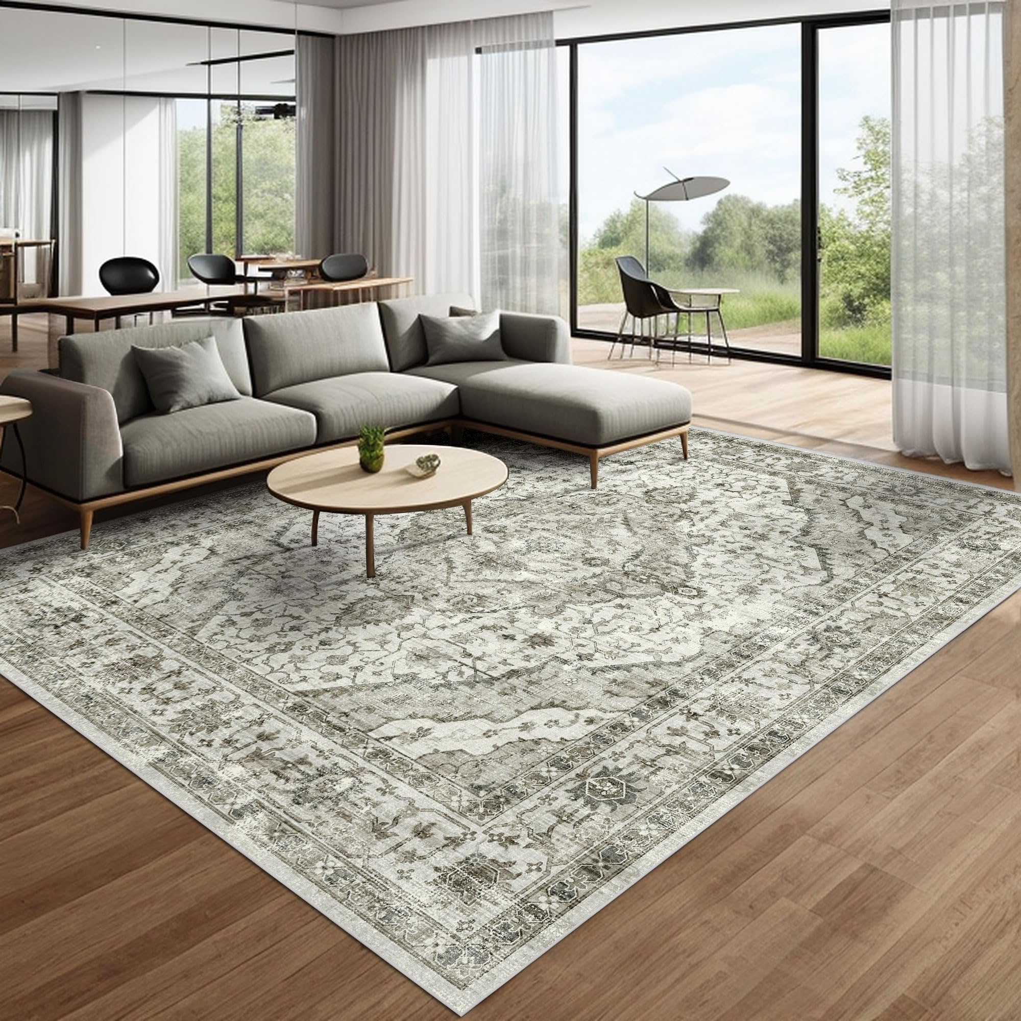 Deerly Washable Area Rug 8x10 - Large Boho Vintage Non-Slip Distressed Cream Rug for Living Room, Bedroom & Home Decor