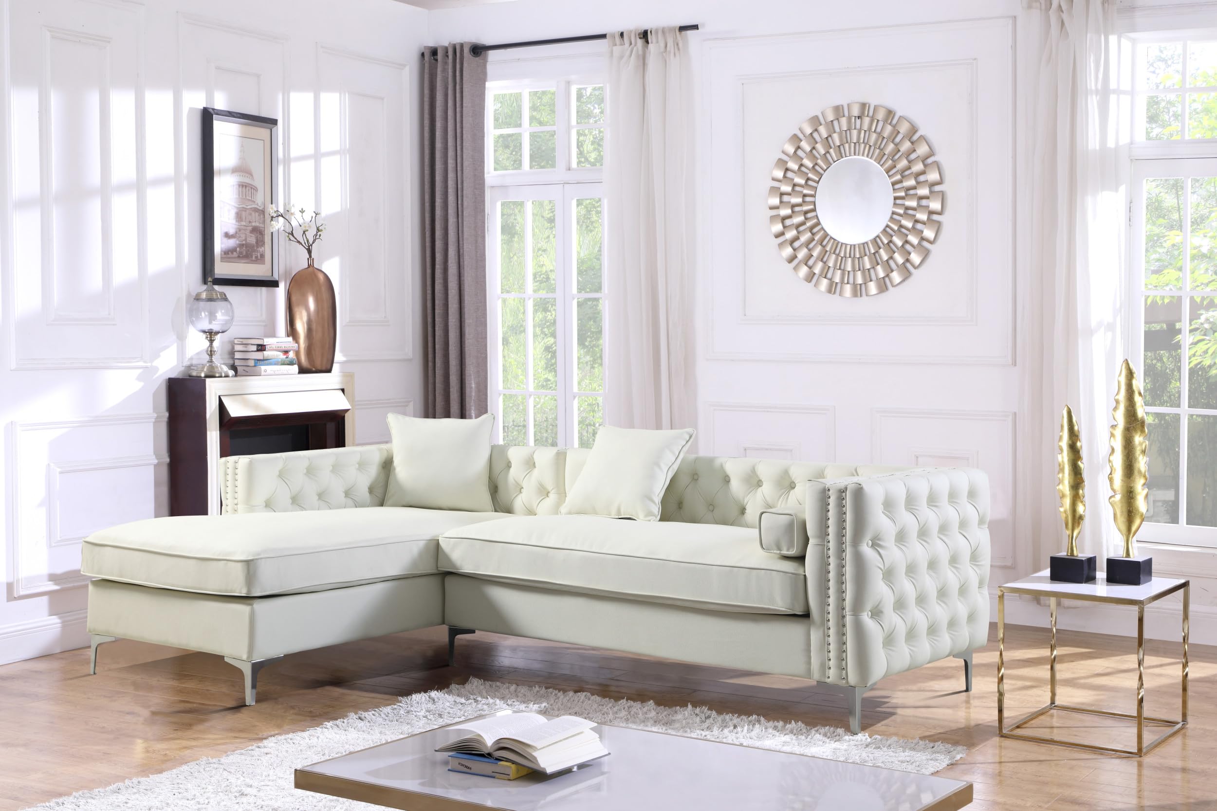 Da Vinci Right Facing L-Shaped Sectional Sofa with Chaise - PU Leather Button Tufted Design, Silver Nailhead Trim & Metal Legs - Includes 3 Accent Pillows - Modern Contemporary Cream Sofa for Living Room, Lounge & Entertainment Spaces