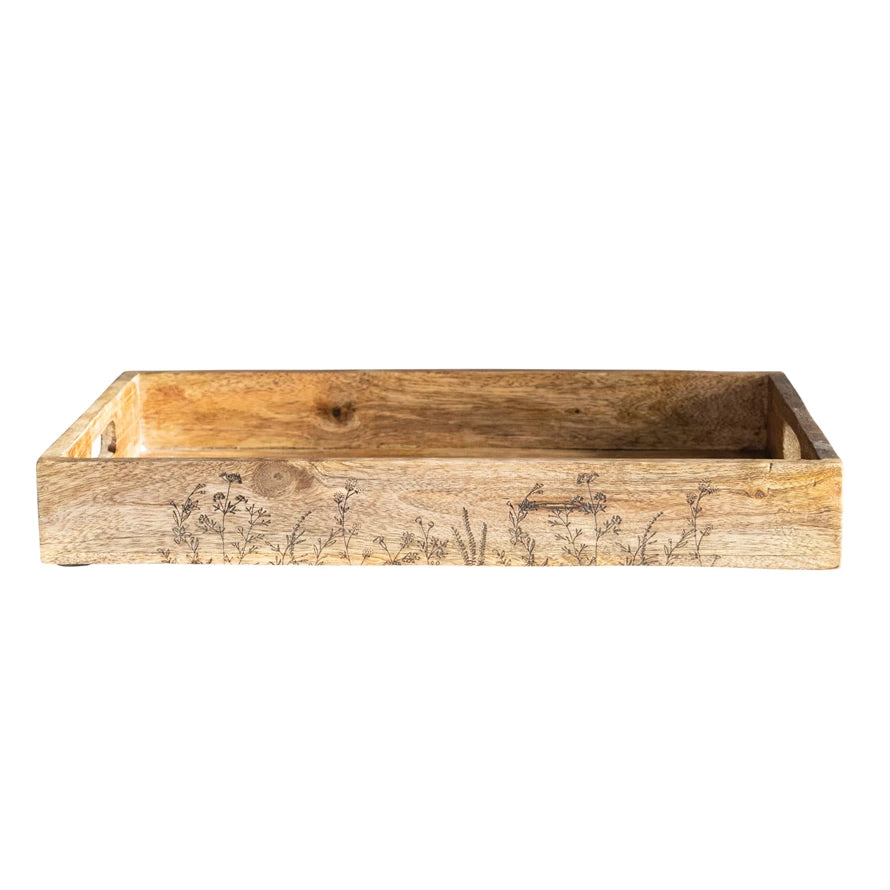 Handmade Etched Botanical Tray - Elegant Wooden Serving Tray with Floral Design for Coffee Table, Dining, and Home Decor | Perfect for Entertaining, Gift Giving, and Rustic Farmhouse Style