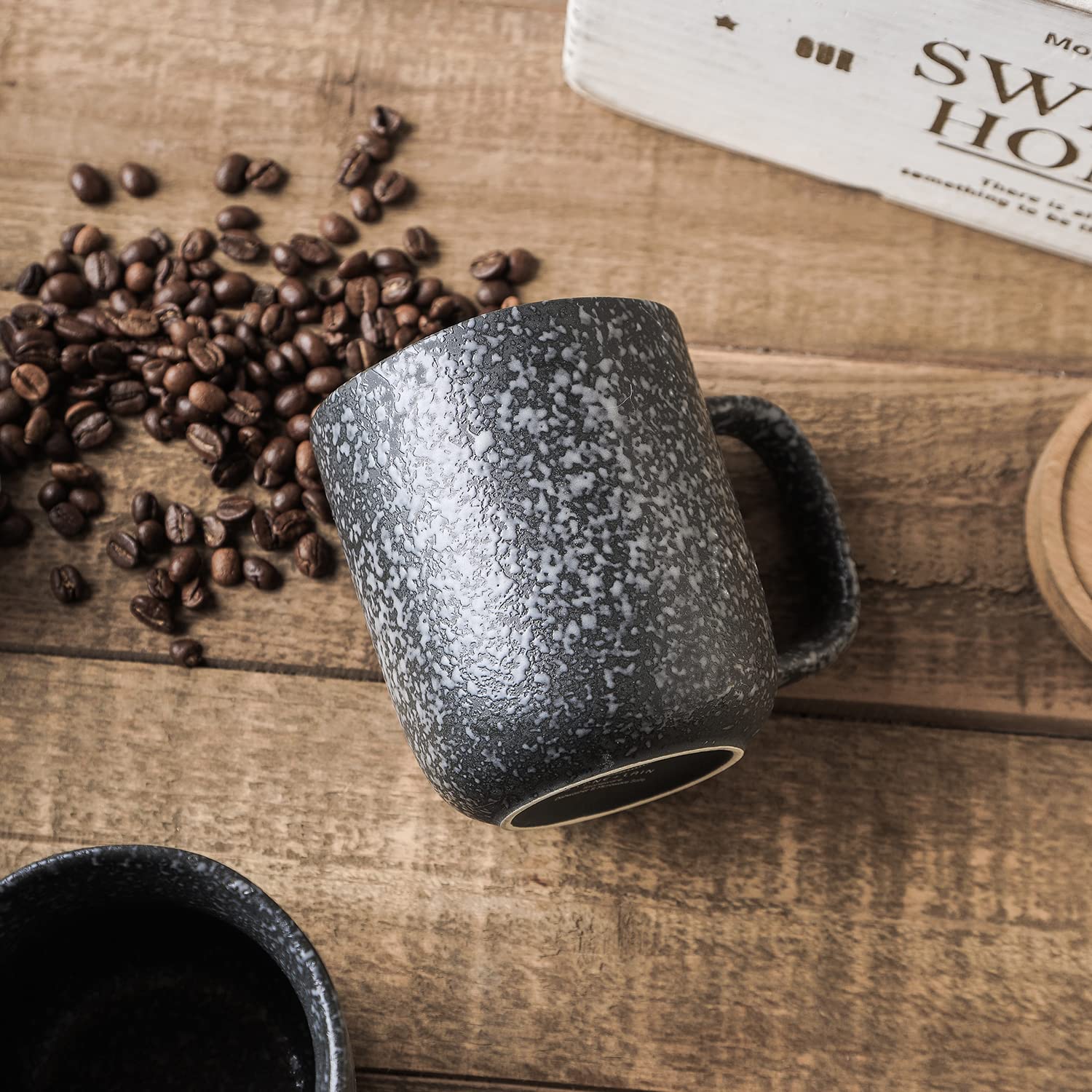 Premium Stoneware Dish Set - 4 Elegant Black and White Mugs for Coffee, Tea & Hot Beverages - Durable Ceramic Cups for Home, Office or Restaurant Use