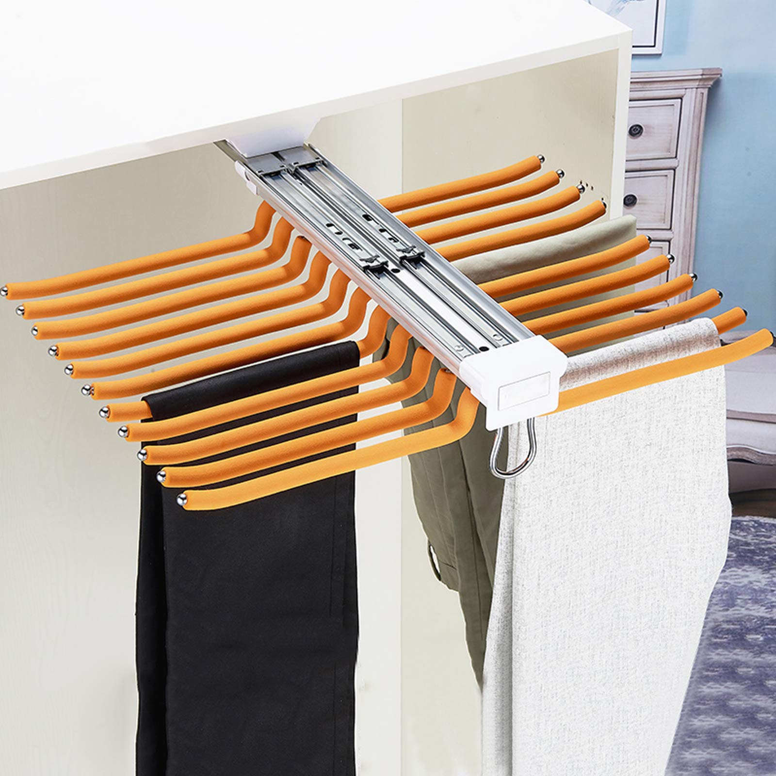 Extendable Pull Out Closet Pants Hanger Bar - Space Saving Clothes Organizer for Pants, Scarves & Accessories - Push-Pull 22 Rods Storage Rack (Orange) - Perfect for Small Closets, Wardrobe Organization & Home Storage Solutions