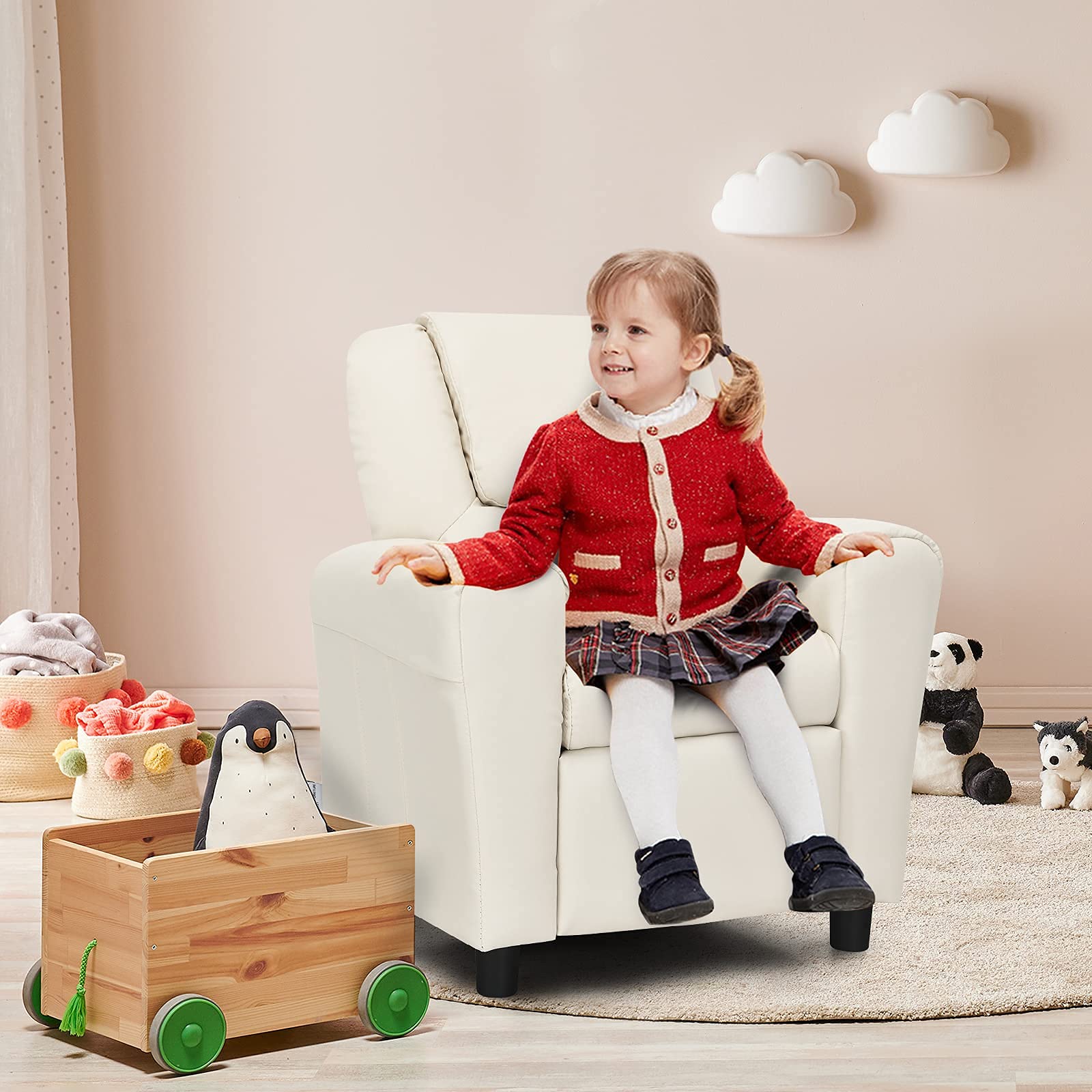 Kids Recliner Sofa Chair with Cup Holder, Adjustable Headrest & Footrest - PU Leather Toddler Armchair for Boys & Girls, Nursery, Playroom, Bedroom (Beige) - Perfect for Reading, Watching TV & Relaxing