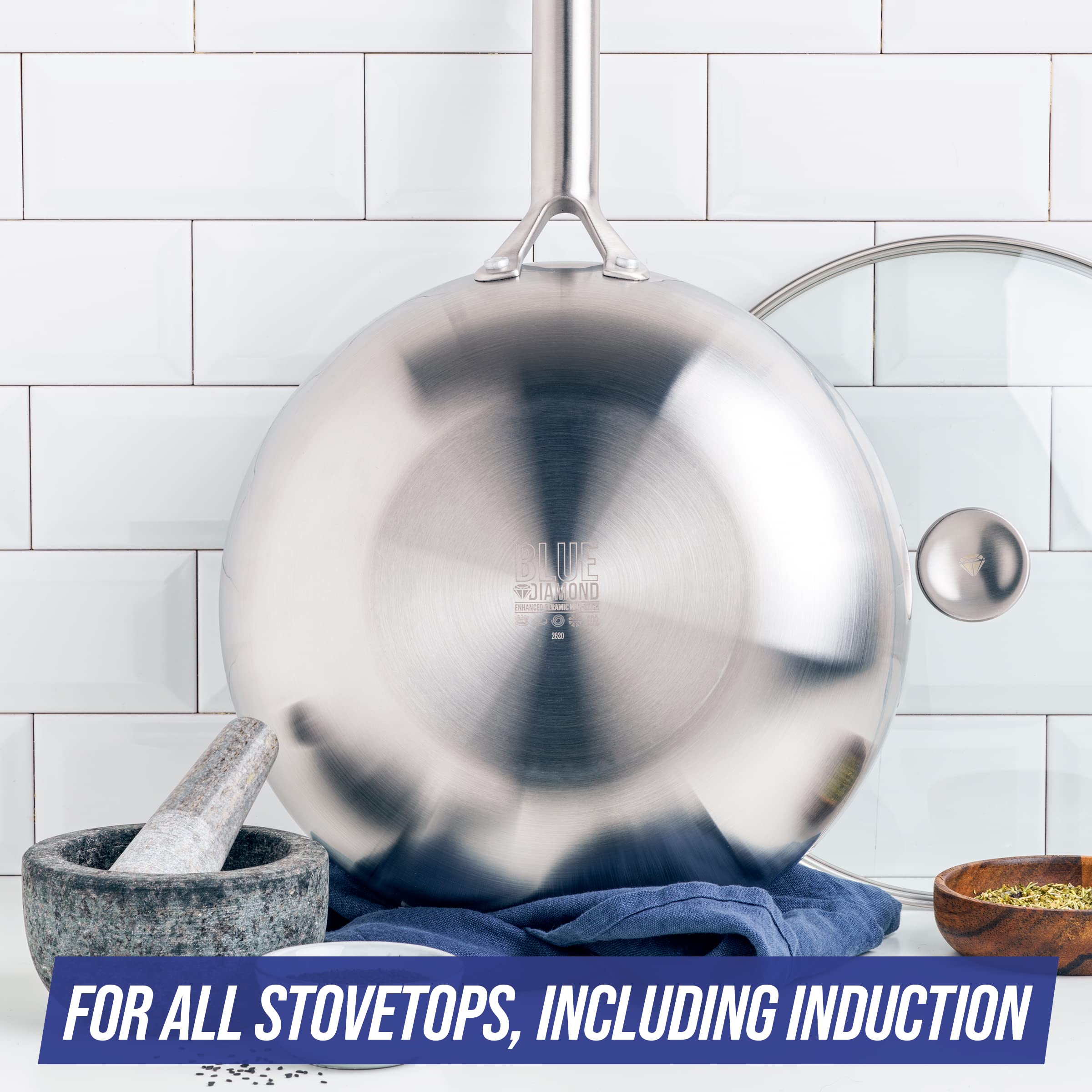 Blue Diamond Tri-Ply Stainless Steel Ceramic Nonstick Cookware Set - 7 Piece Pots & Pans | PFAS-Free, Induction Compatible, Dishwasher & Oven Safe | Perfect for Home Cooking, Professional Kitchens & Gift Giving