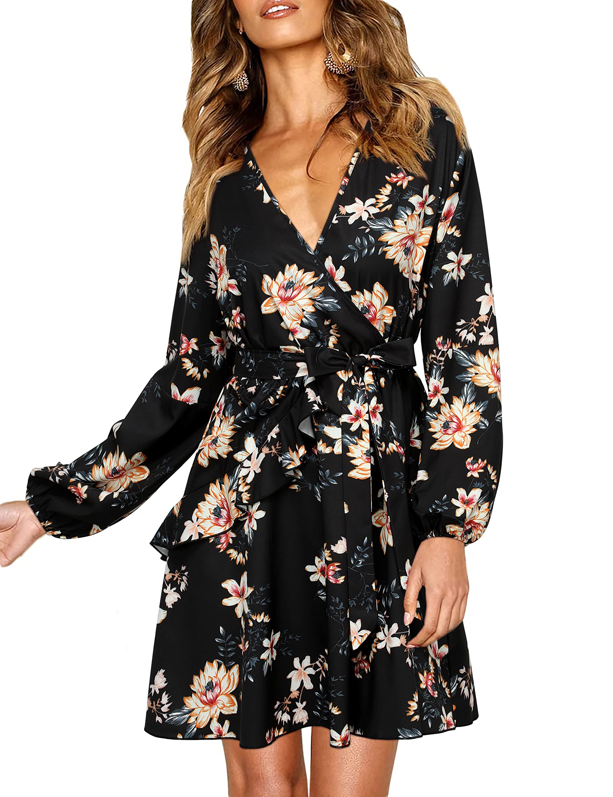 ENMAIN Women's Floral Long Sleeve V-Neck Wrap Mini Dress with Ruffles - Elegant Swing Design for Casual, Wedding Guest & Party Occasions | Perfect for Cocktail Events, Date Nights & Spring Outings