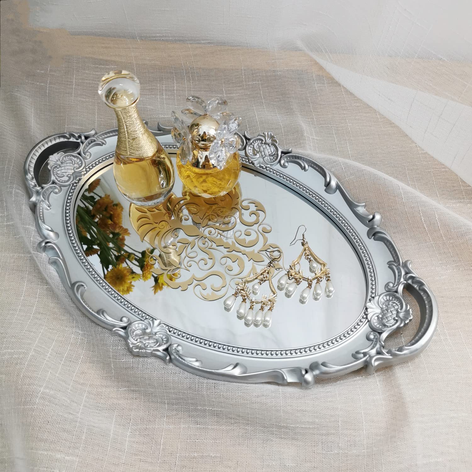 Yamfurga Oval French Style Decorative Mirror Tray - 9.8x14.6 Inch Silver Makeup & Jewelry Organizer, Serving Tray for Vanity, Dresser, Bathroom Decor